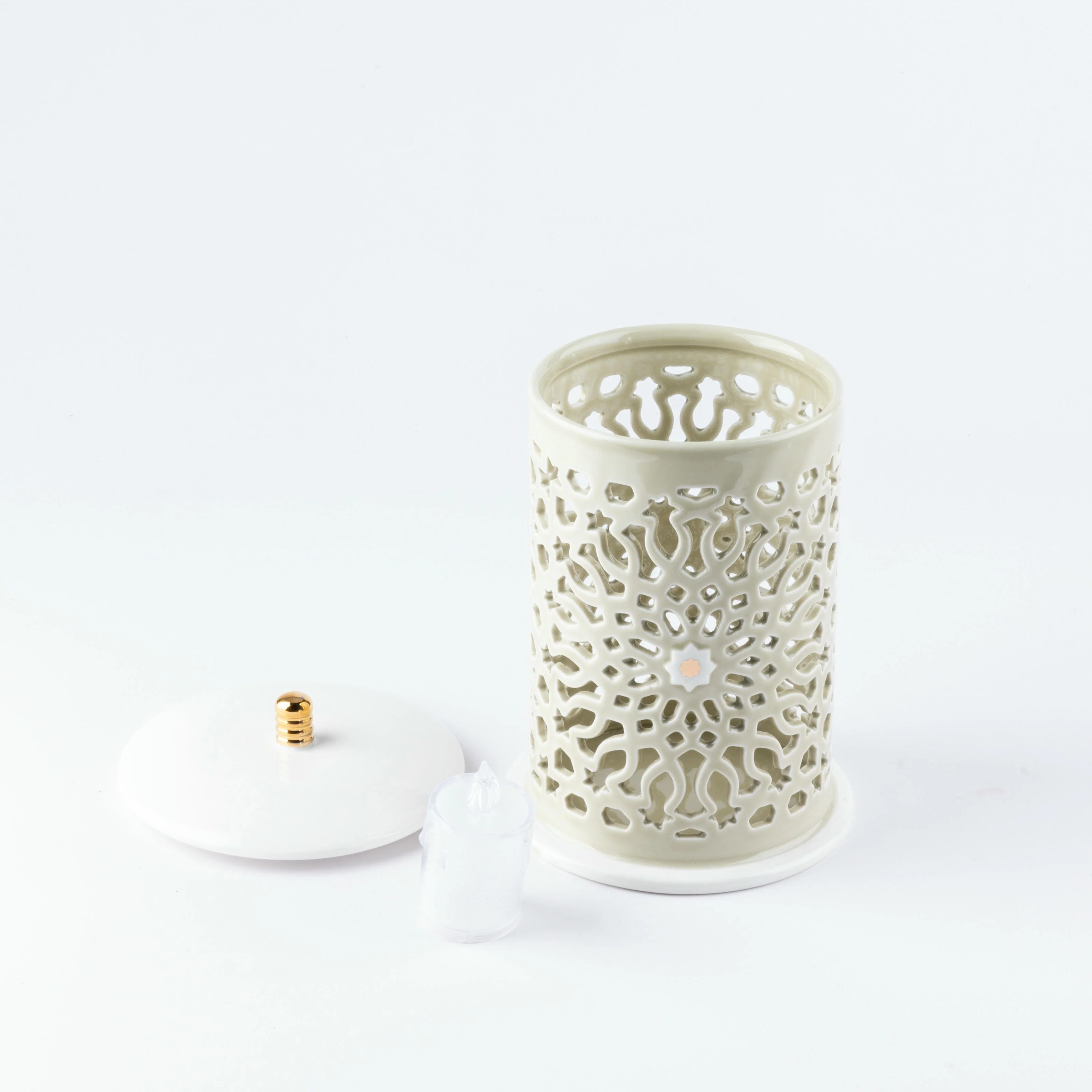 Asala - Medium Lantern Candle Holder - Beige & Gold - Image 3