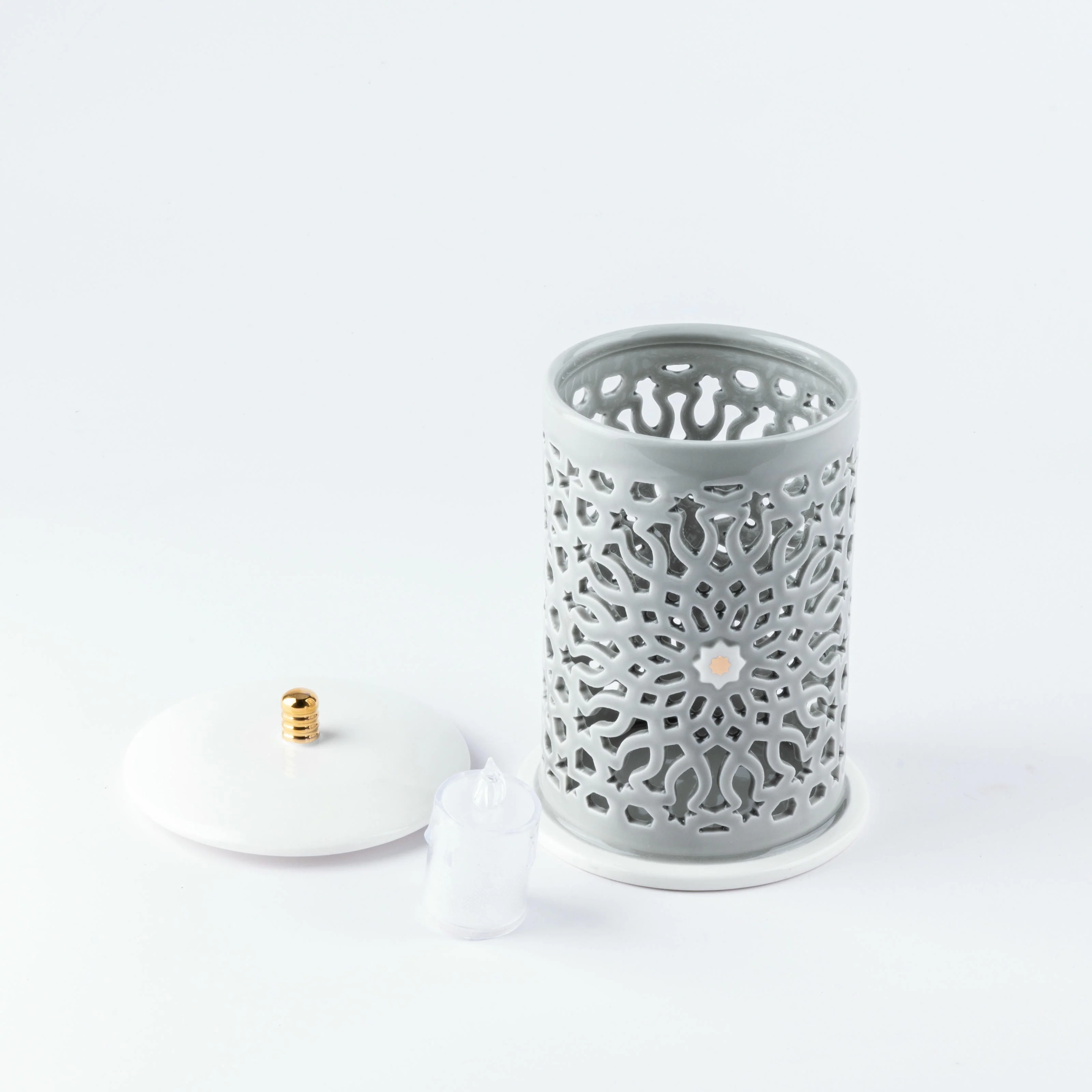 Asala - Medium Lantern Candle Holder - Grey & Gold - Image 3