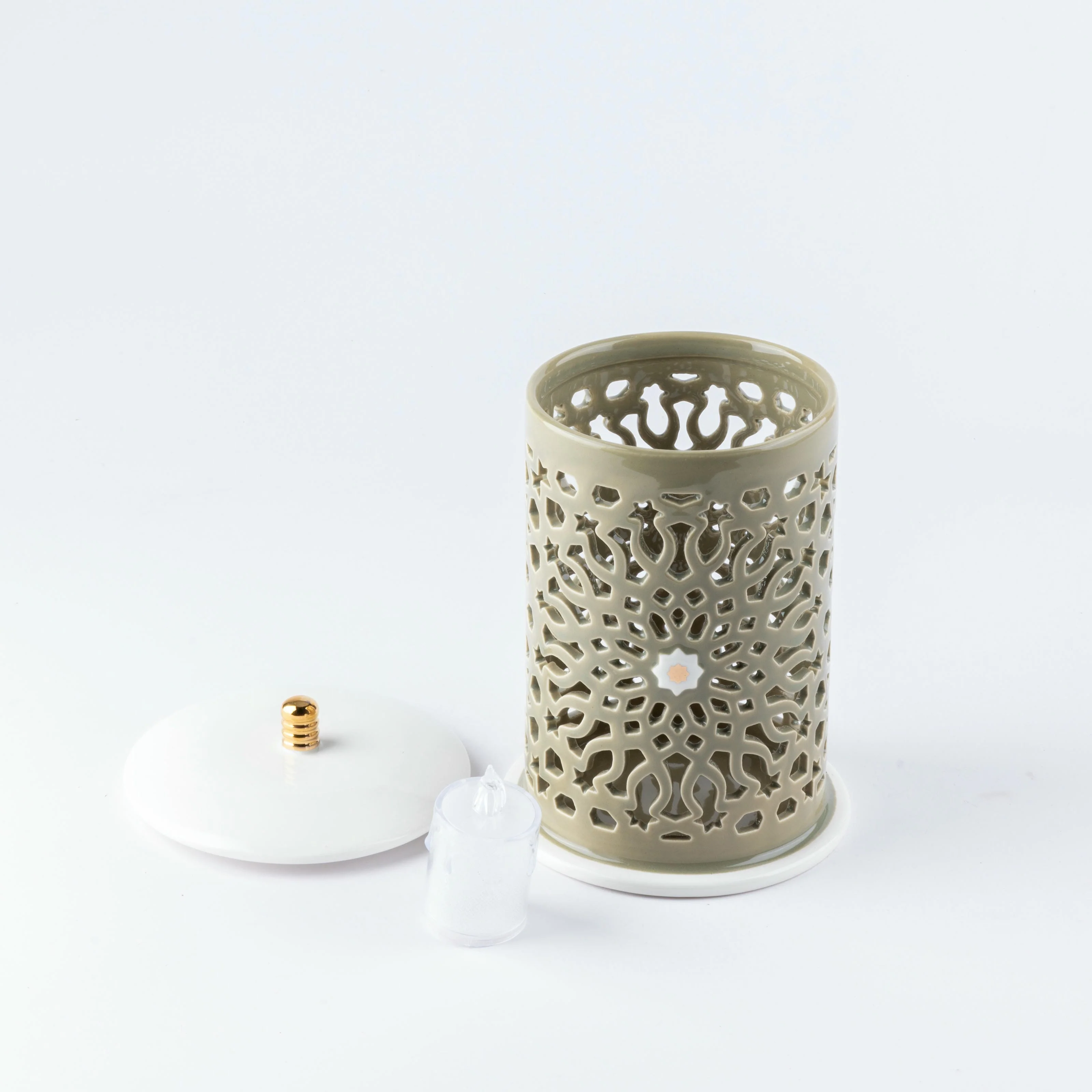 Asala - Medium Lantern Candle Holder - Olive Green & Gold - Image 3