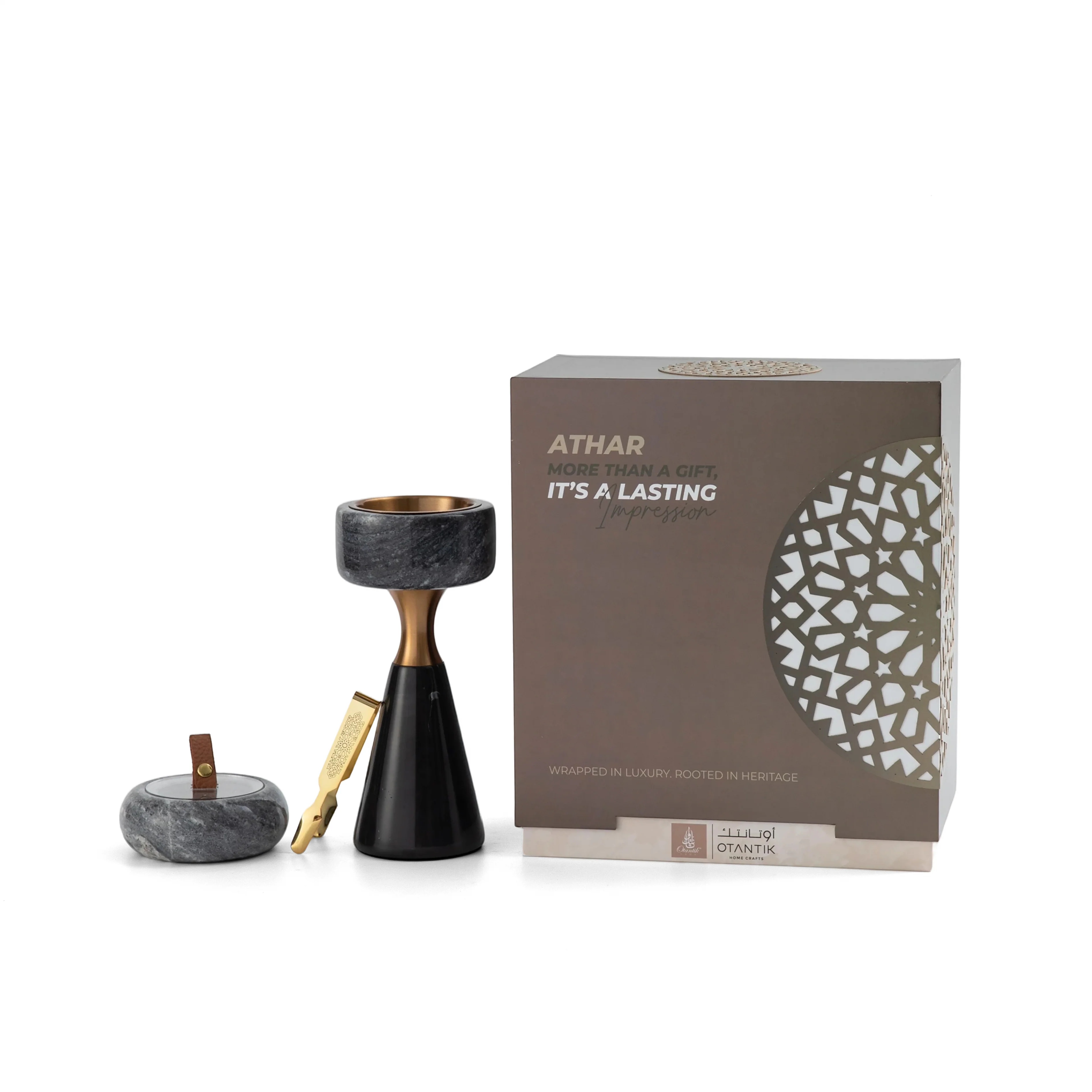 Athar - Marble Incense Burner Set (3-Pc) - Black/Gray & Bronze - Image 4