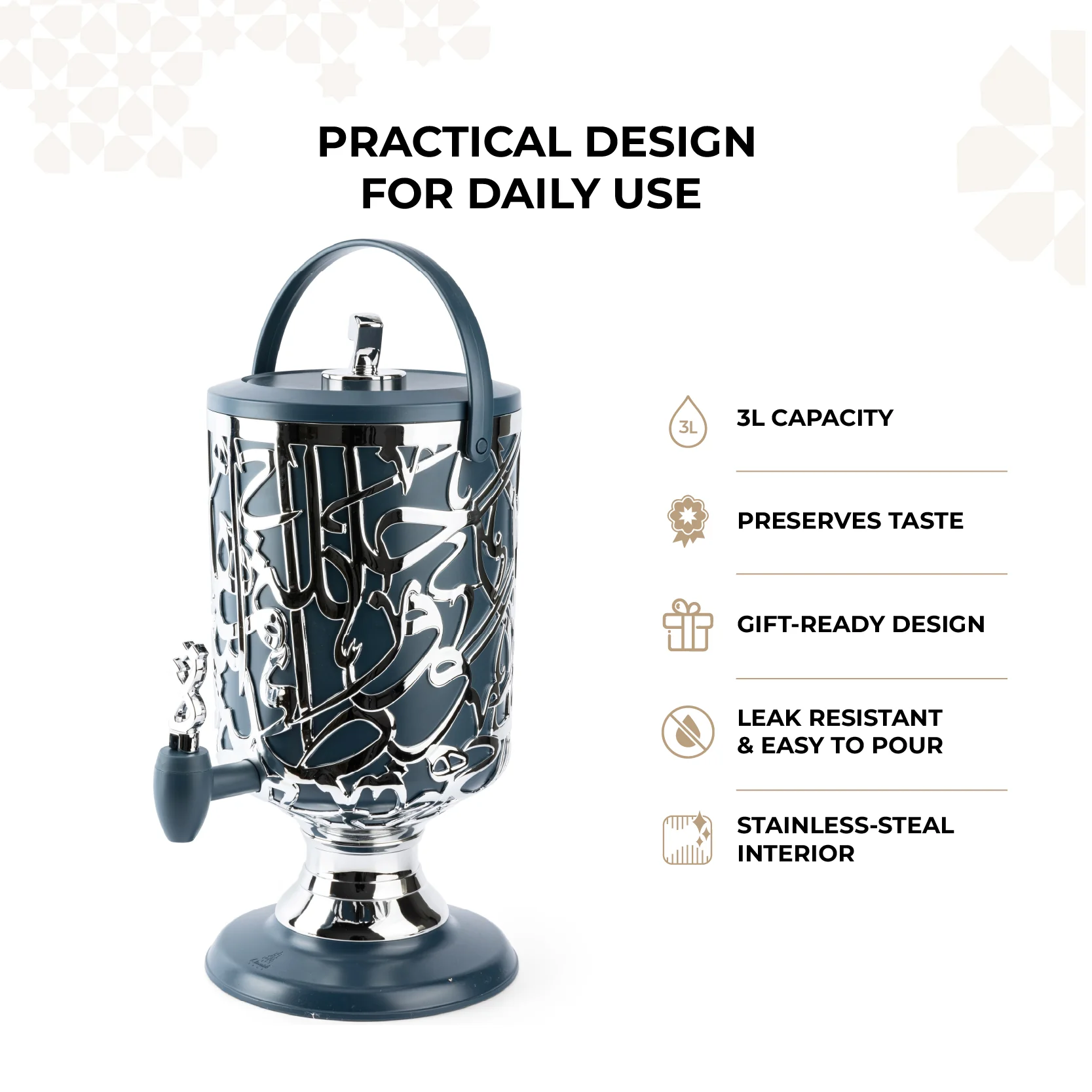 Diwan - 3 Liters Cold Beverage Dispenser - Dark Blue & Silver - Image 5