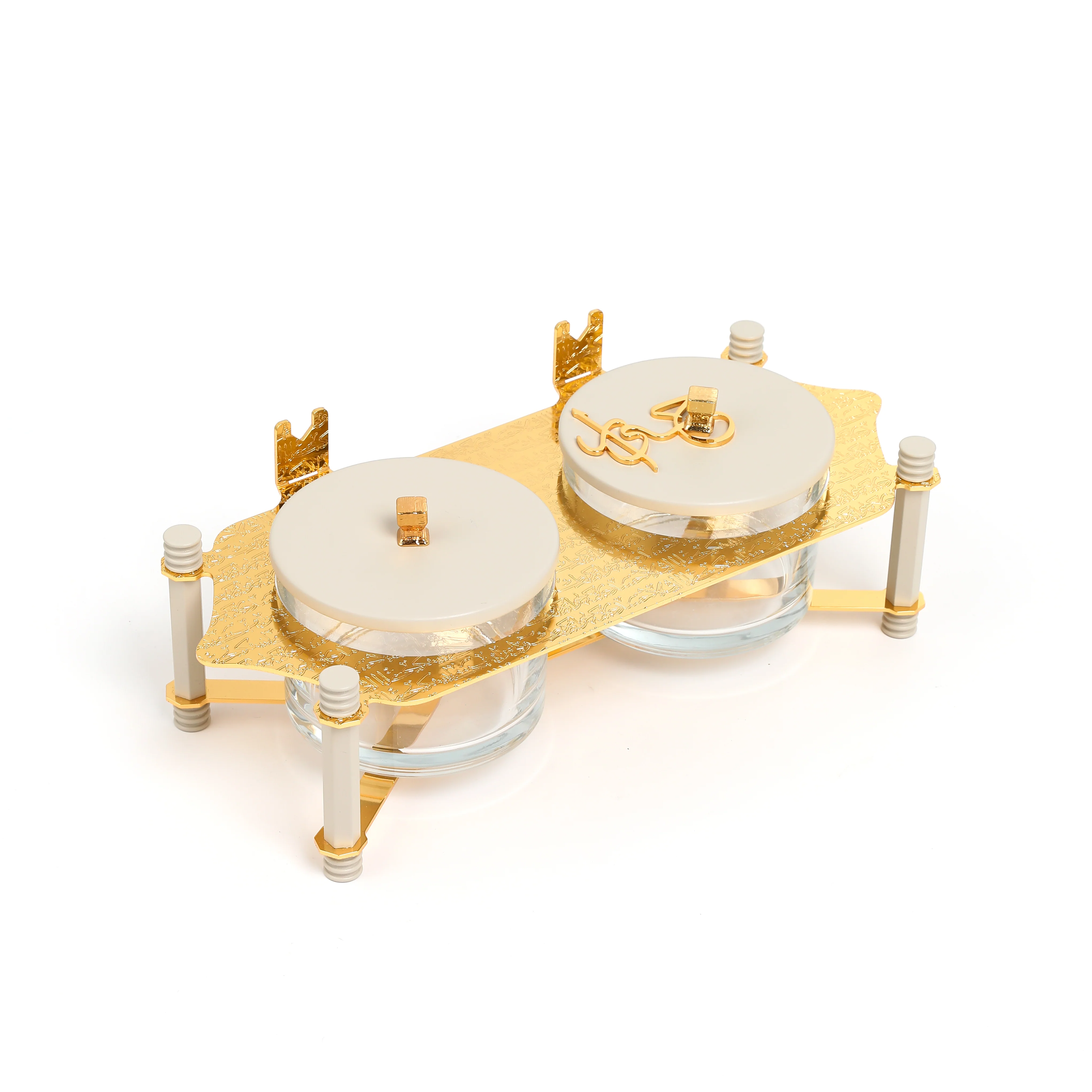 Jiwar - Dual Elegant Nut Serving Set with Engraved  Base - Beige & Gold - Image 3