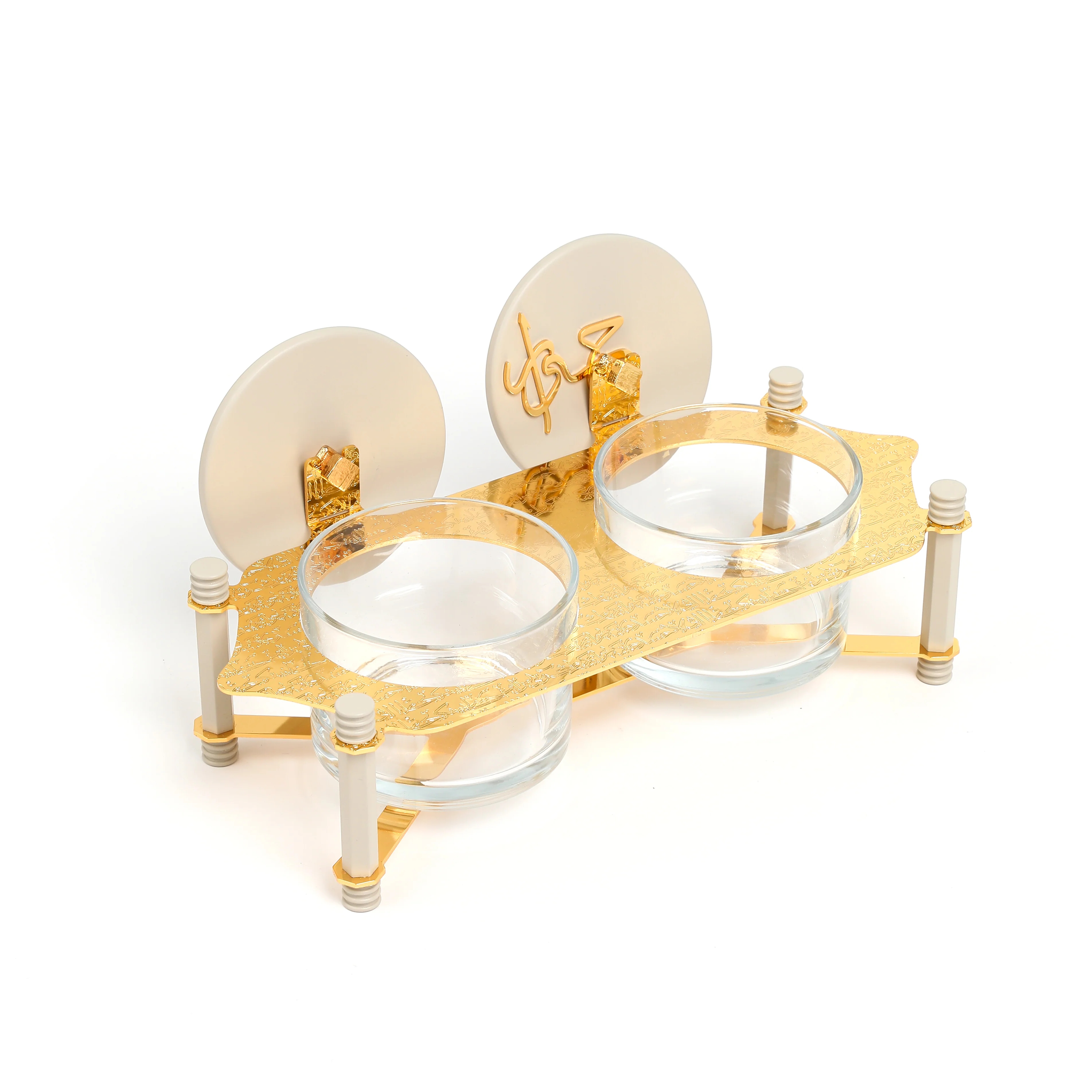 Jiwar - Dual Elegant Nut Serving Set with Engraved  Base - Beige & Gold - Image 4