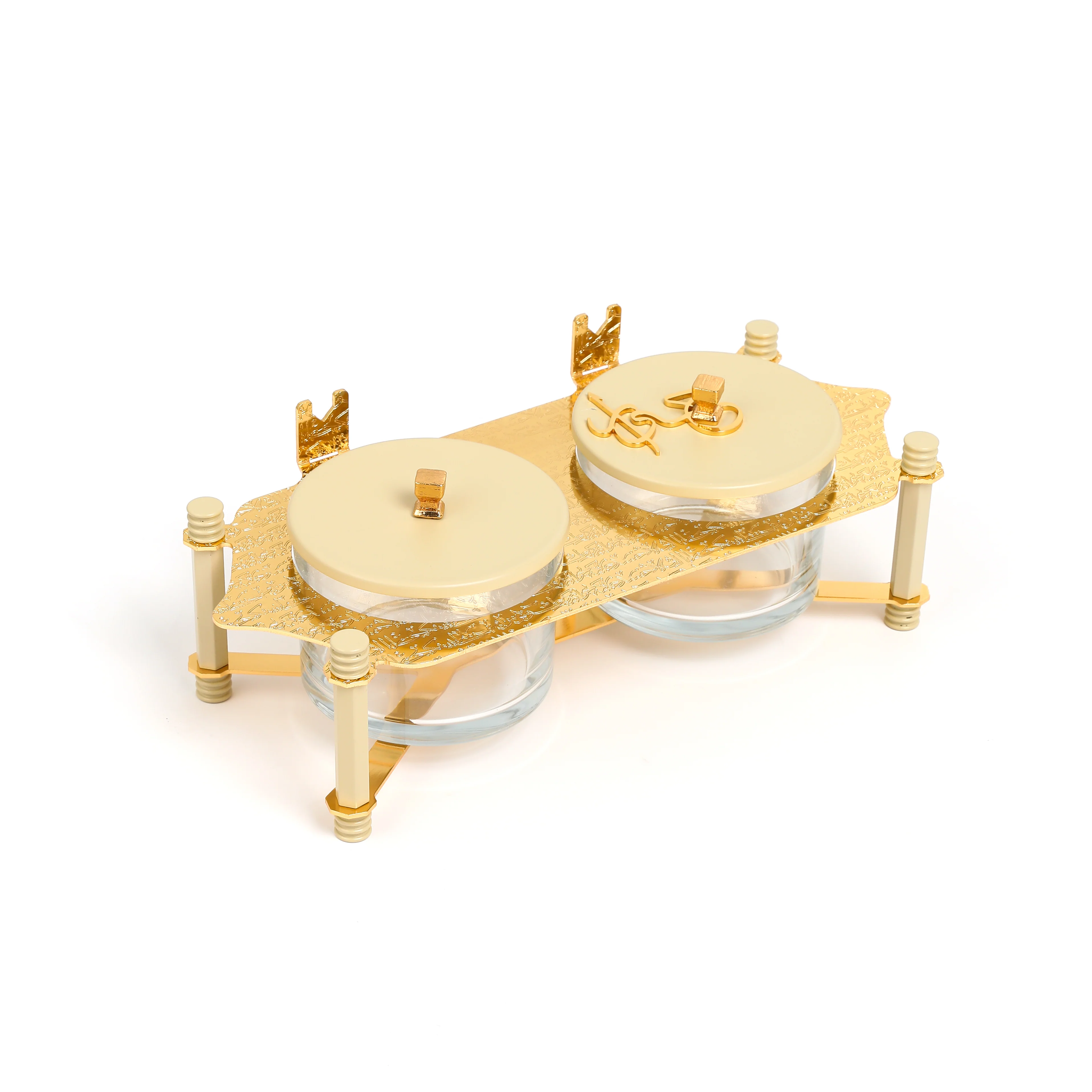 Jiwar - Dual Elegant Nut Serving Set with Engraved  Base - Ivory & Gold - Image 3