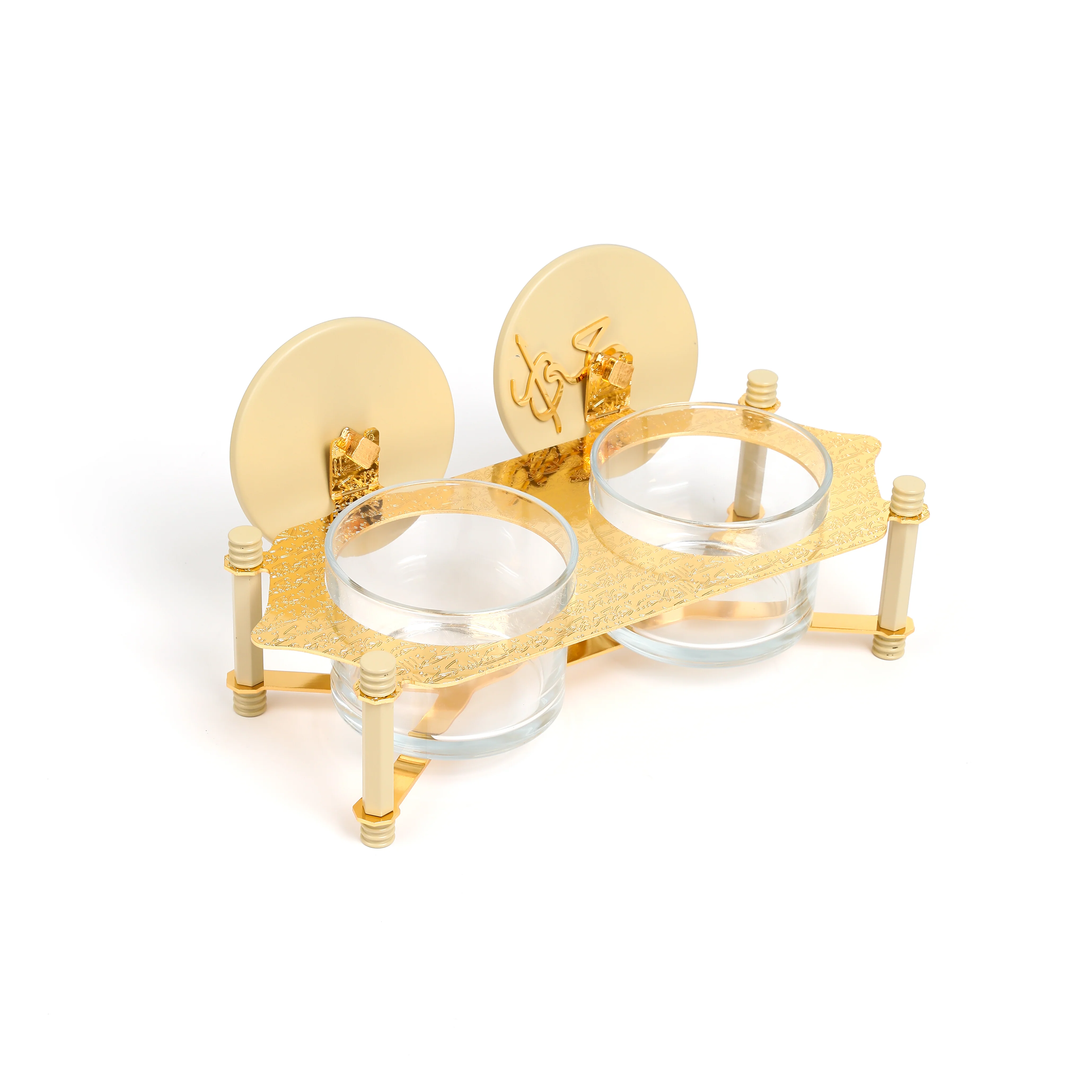 Jiwar - Dual Elegant Nut Serving Set with Engraved  Base - Ivory & Gold - Image 4