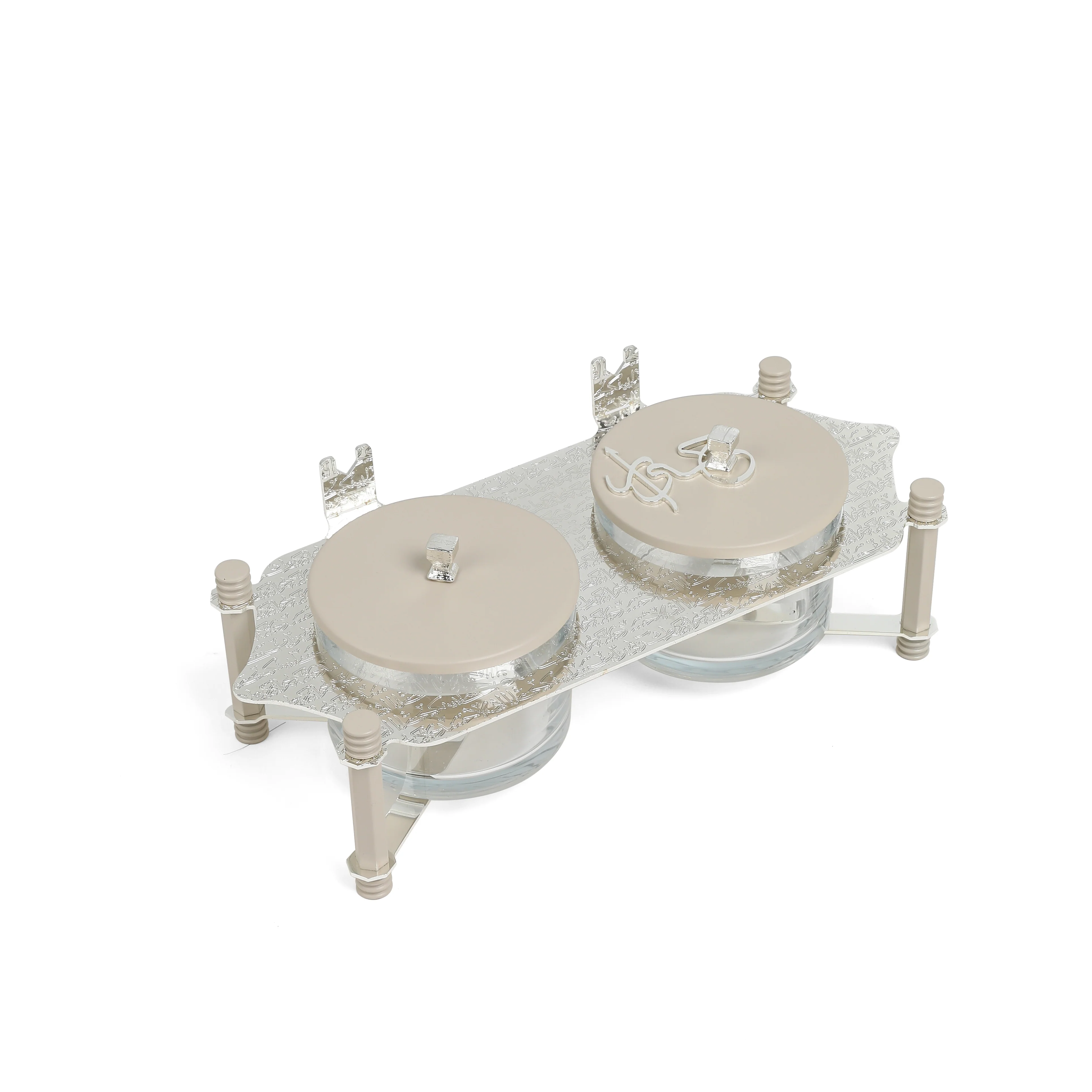 Jiwar - Dual Elegant Nut Serving Set with Engraved  Base - Beige & Silver - Image 3