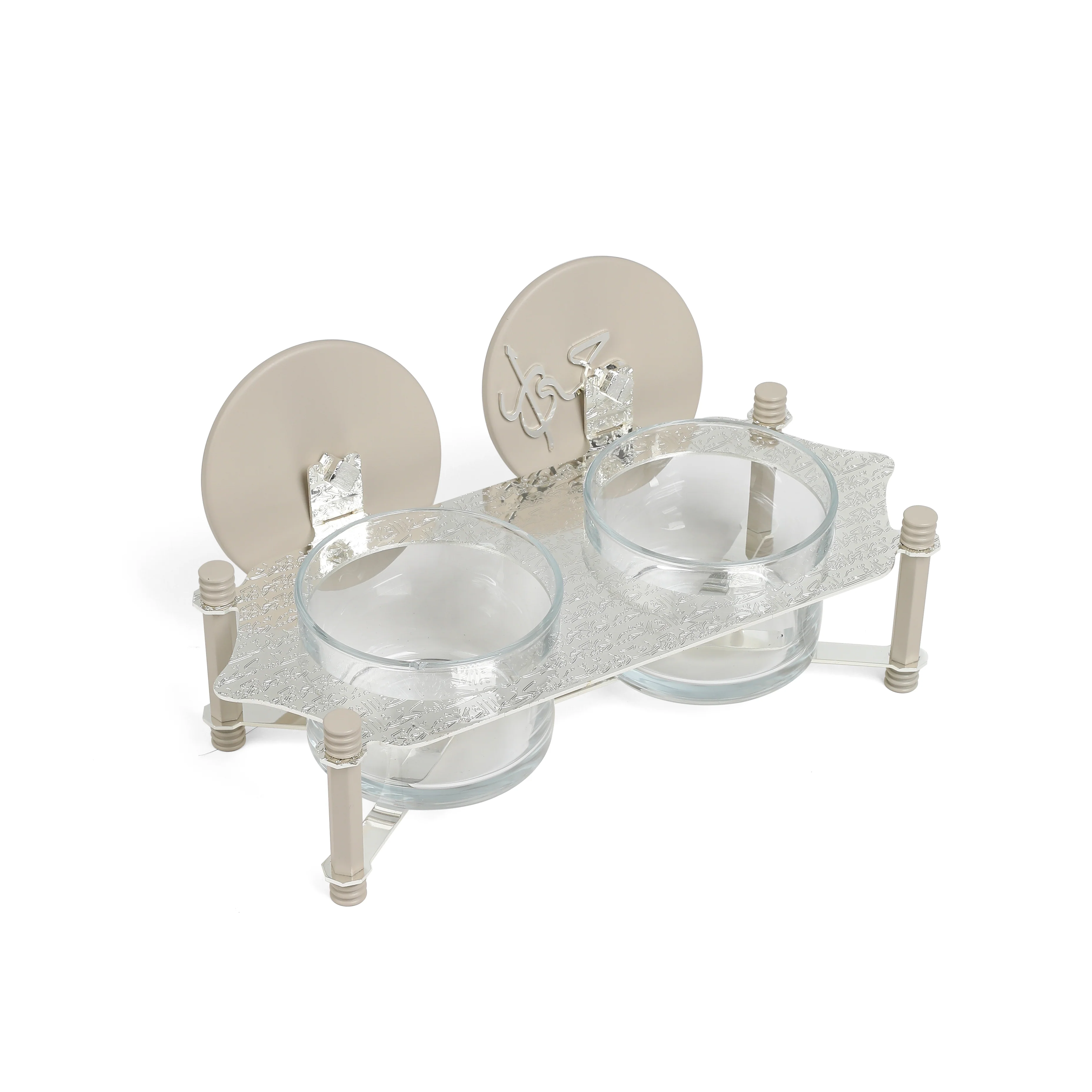 Jiwar - Dual Elegant Nut Serving Set with Engraved  Base - Beige & Silver - Image 4