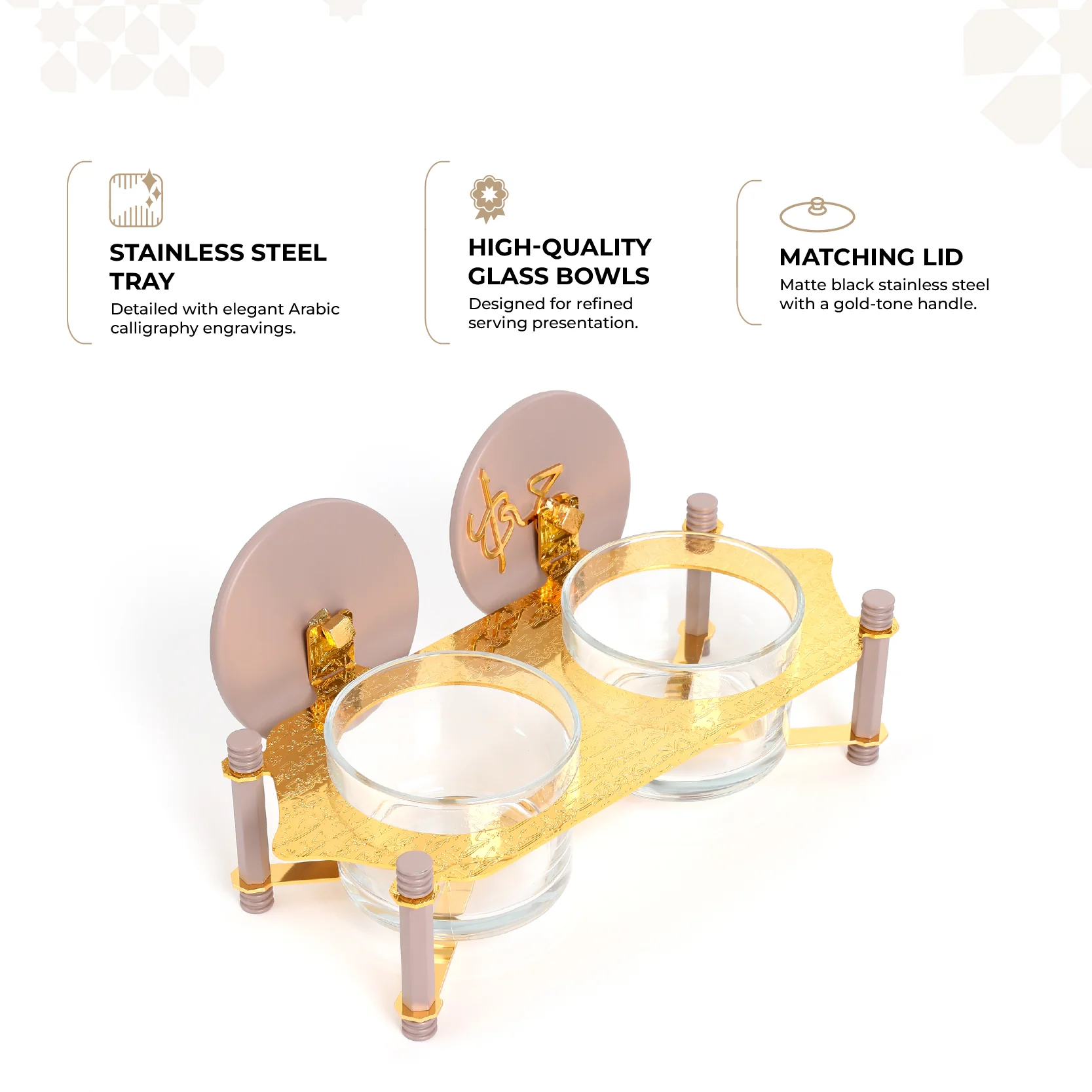 Jiwar - Dual Elegant Nut Serving Set with Engraved  Base - Lavender & Gold - Image 2