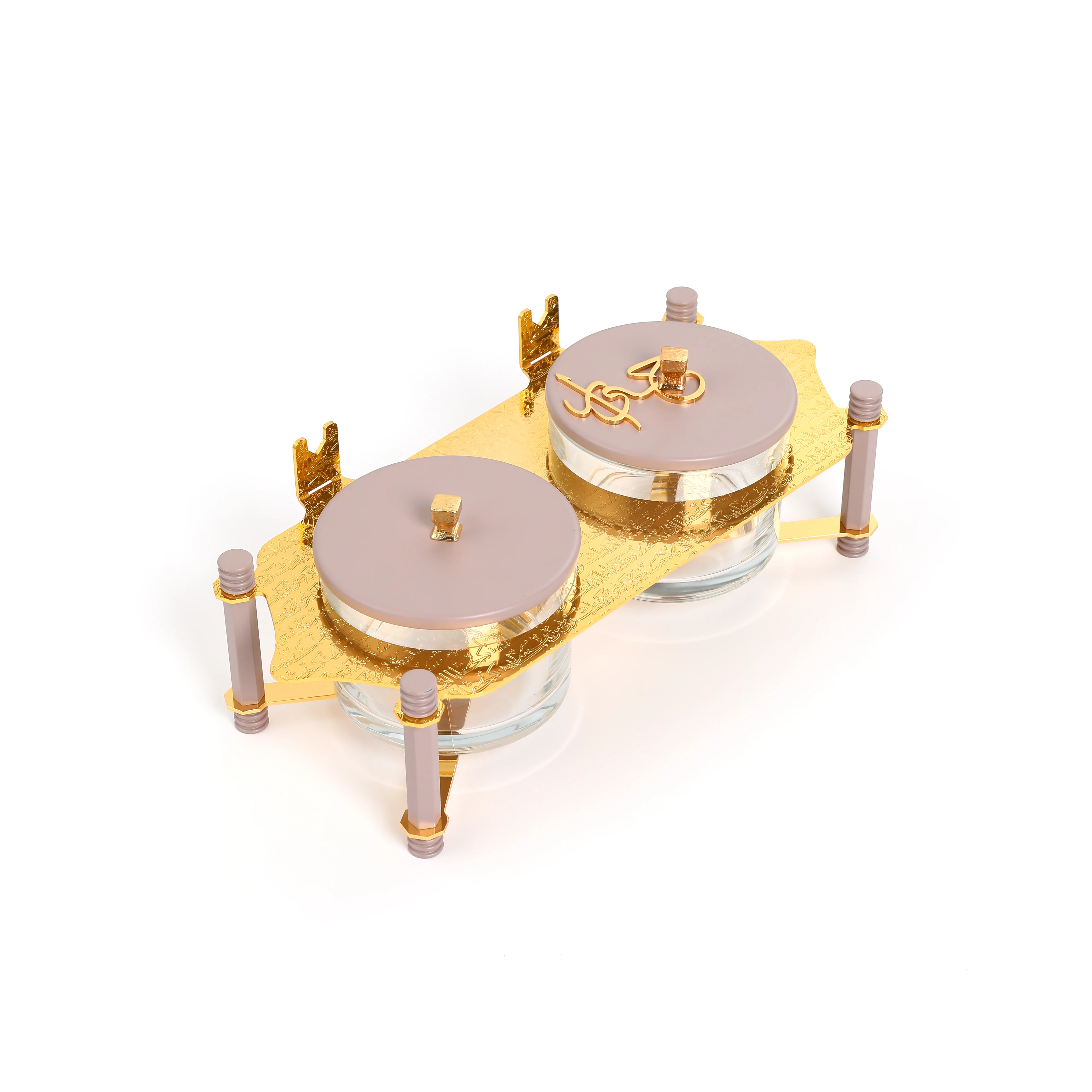 Jiwar - Dual Elegant Nut Serving Set with Engraved  Base - Lavender & Gold - Image 3