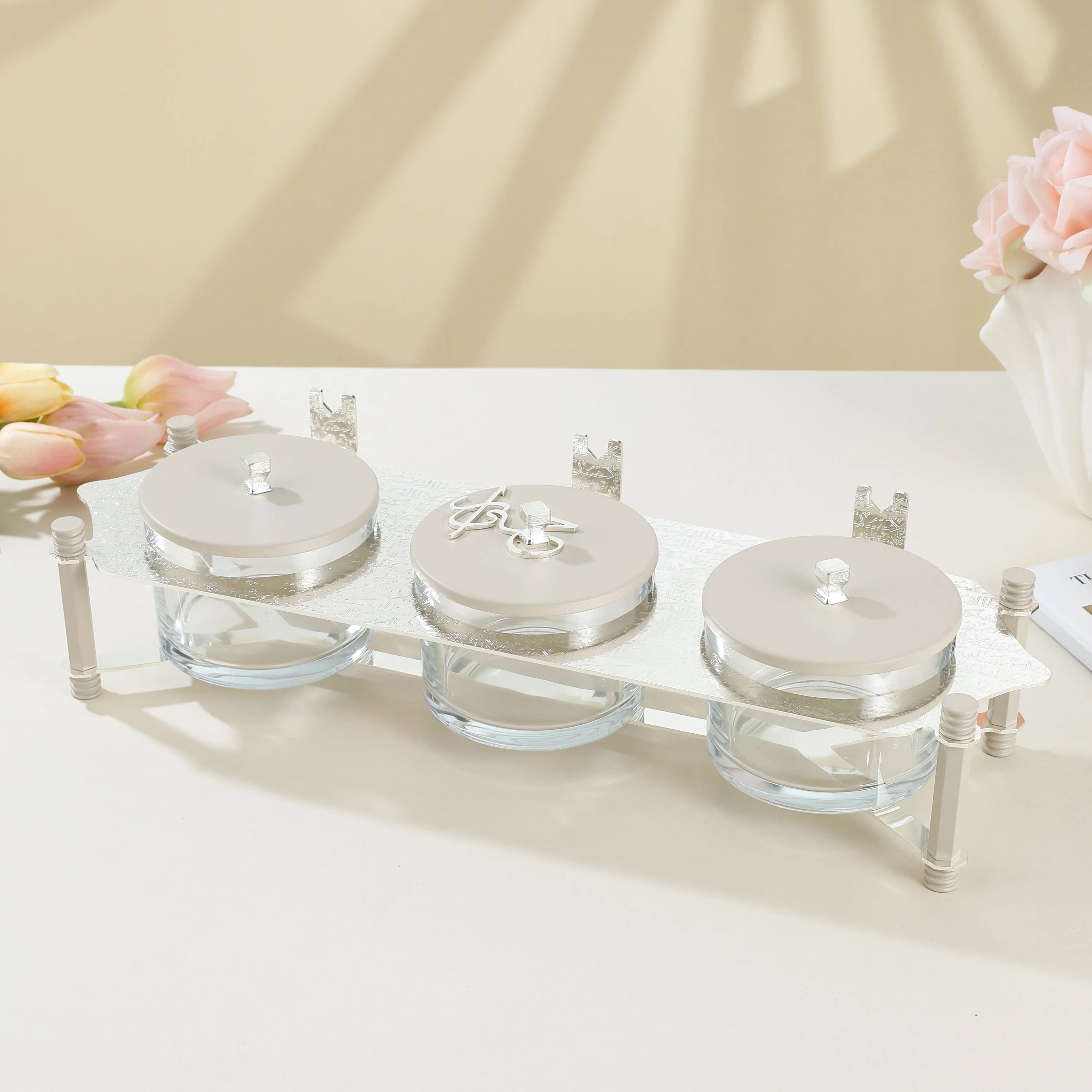 Jiwar - Triple Elegant Nut Serving Set with Engraved  Base - Beige & Silver
