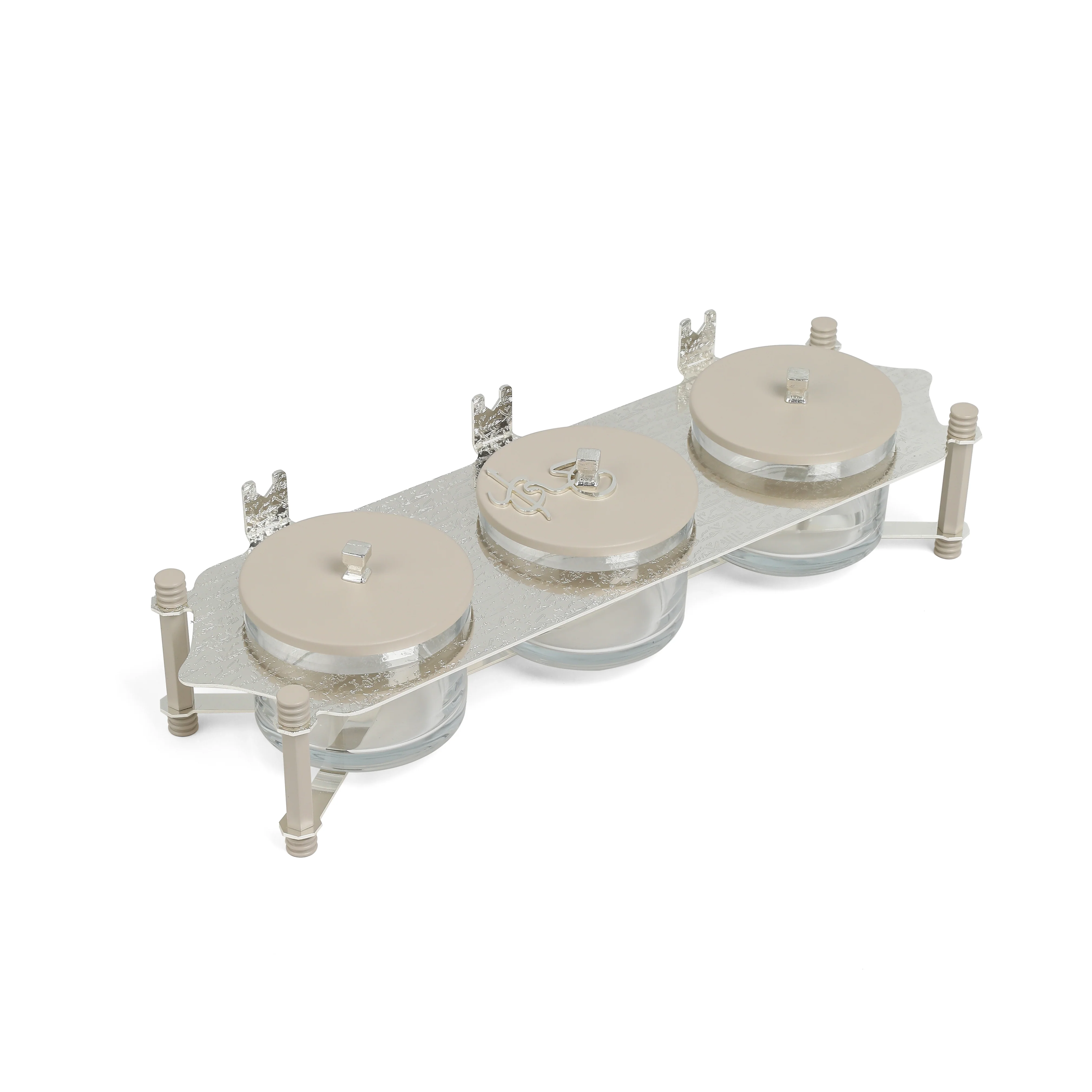 Jiwar - Triple Elegant Nut Serving Set with Engraved  Base - Beige & Silver - Image 3