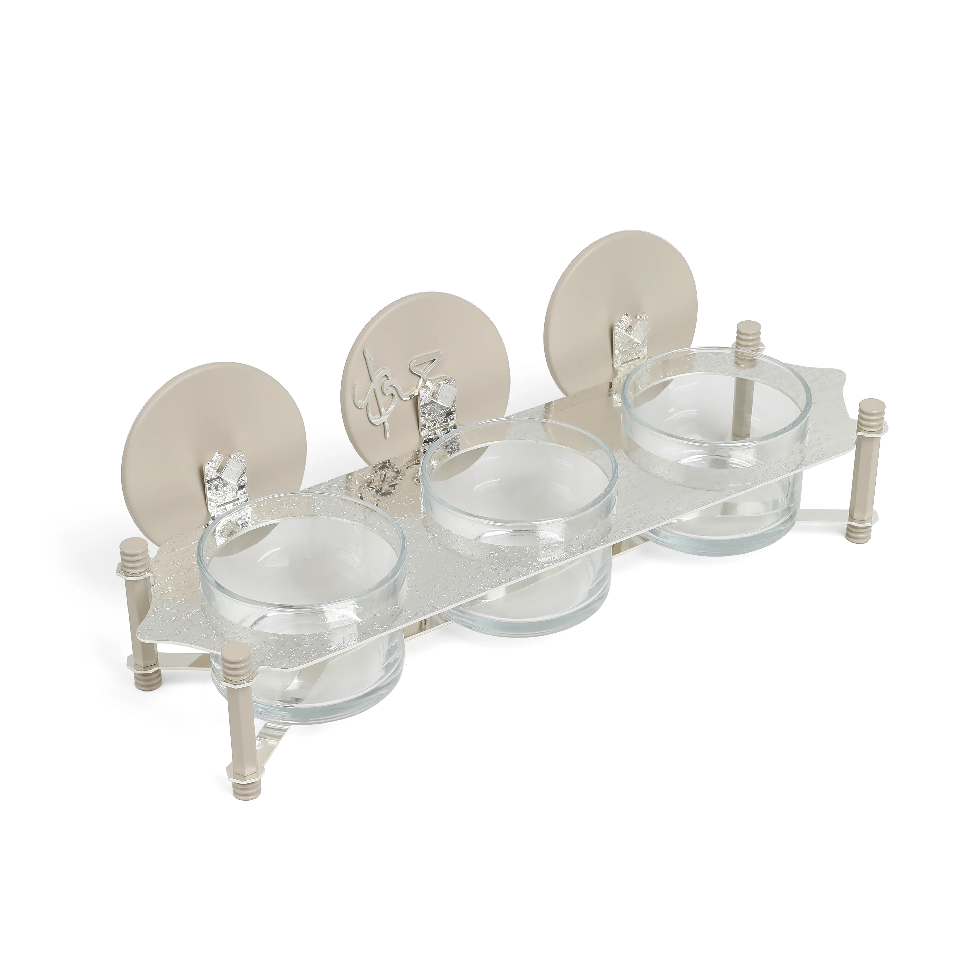 Jiwar - Triple Elegant Nut Serving Set with Engraved  Base - Beige & Silver - Image 4