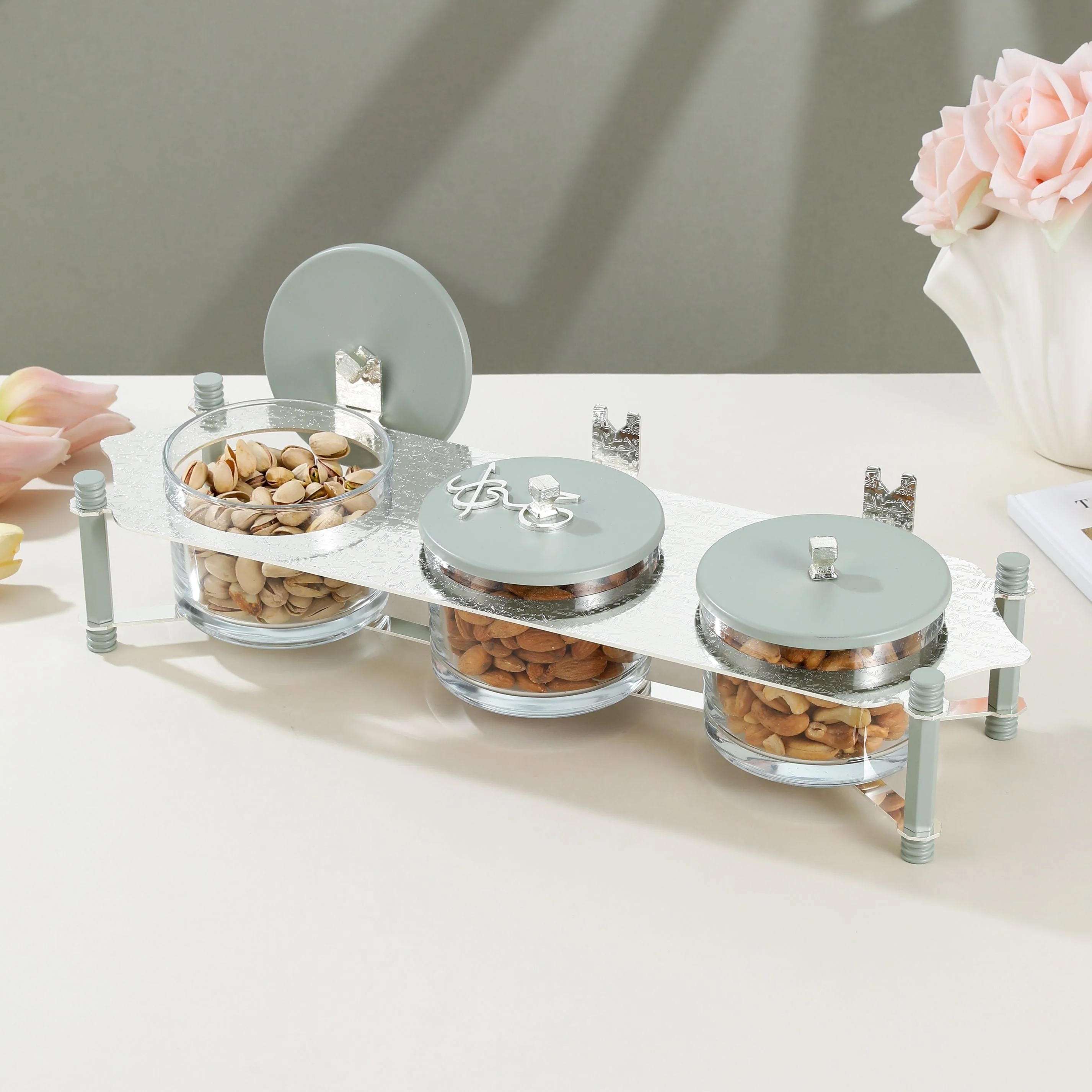 Jiwar - Triple Elegant Nut Serving Set with Engraved  Base - Mint Green & Silver