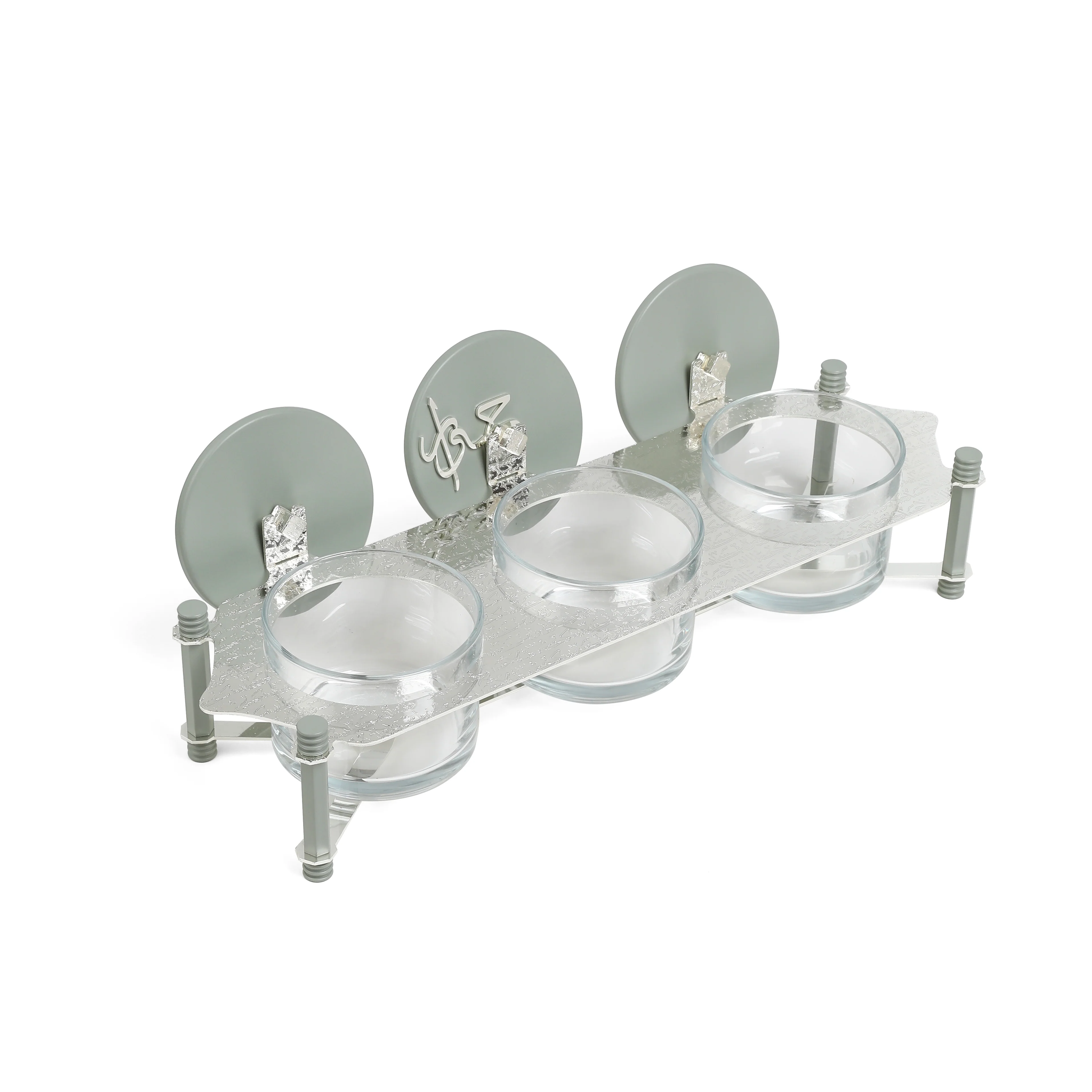 Jiwar - Triple Elegant Nut Serving Set with Engraved  Base - Mint Green & Silver - Image 4