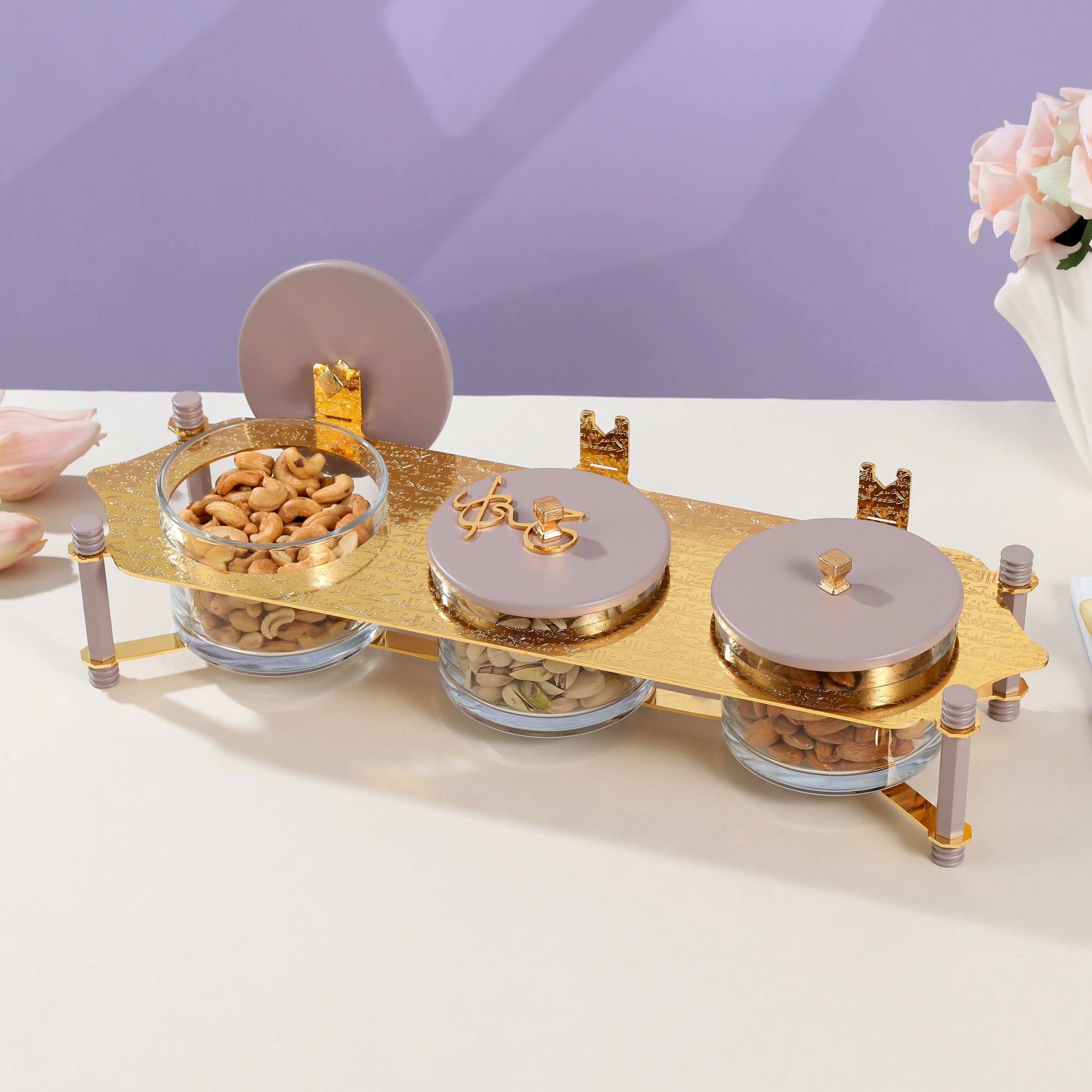 Jiwar - Triple Elegant Nut Serving Set with Engraved  Base - Lavender & Gold