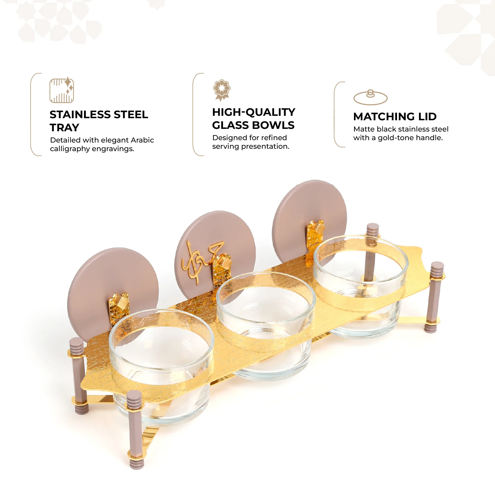 Jiwar - Triple Elegant Nut Serving Set with Engraved  Base - Lavender & Gold - Image 2