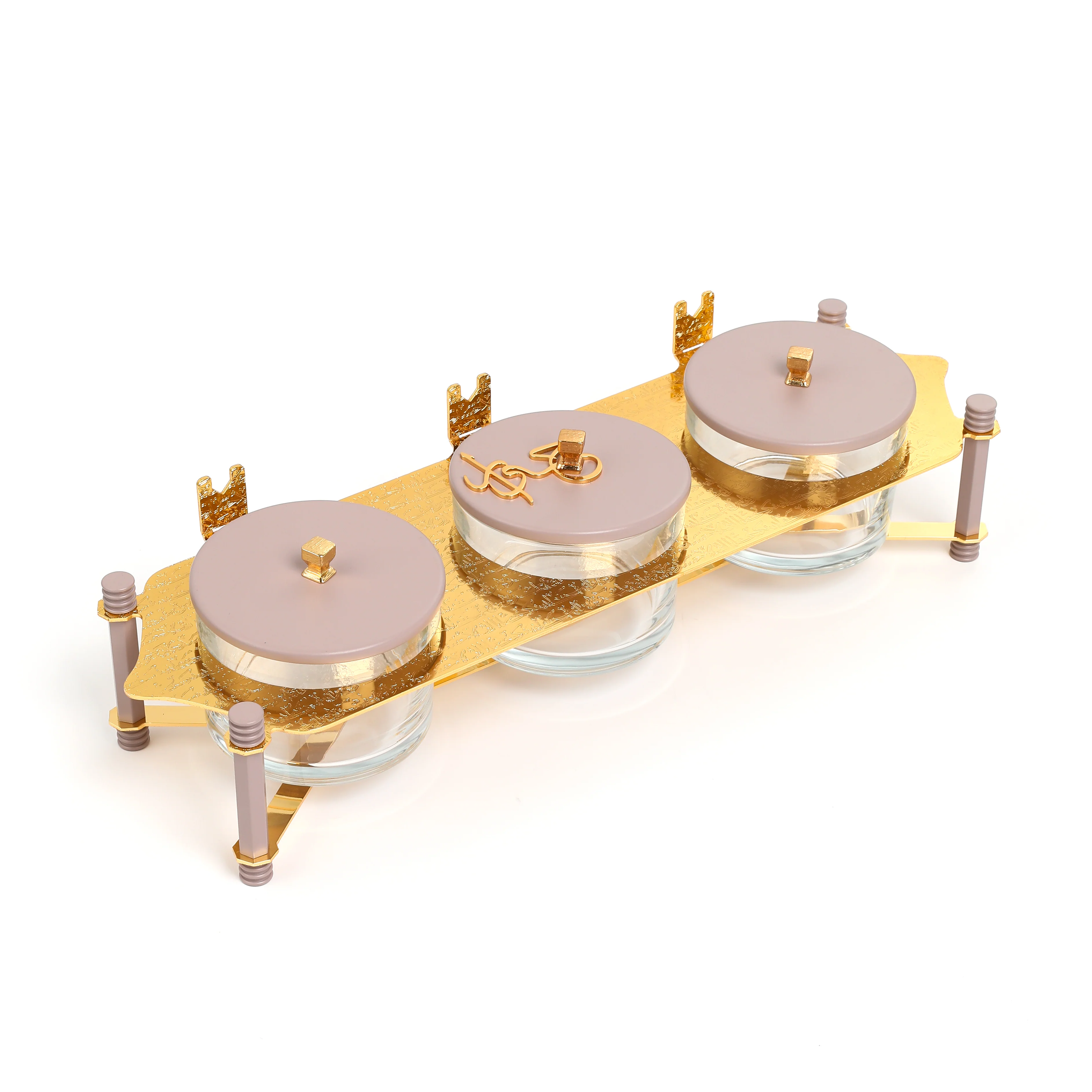 Jiwar - Triple Elegant Nut Serving Set with Engraved  Base - Lavender & Gold - Image 3