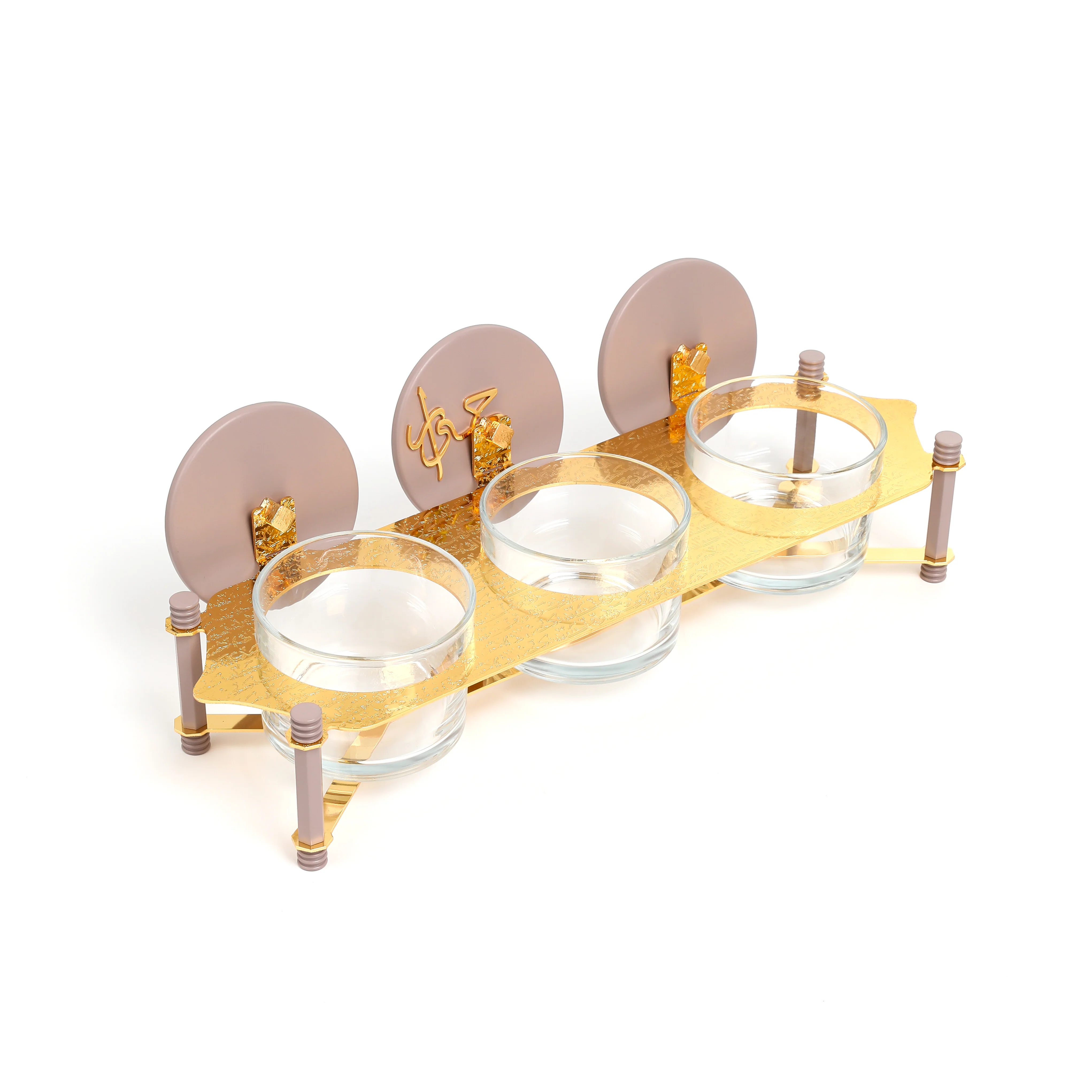 Jiwar - Triple Elegant Nut Serving Set with Engraved  Base - Lavender & Gold - Image 4