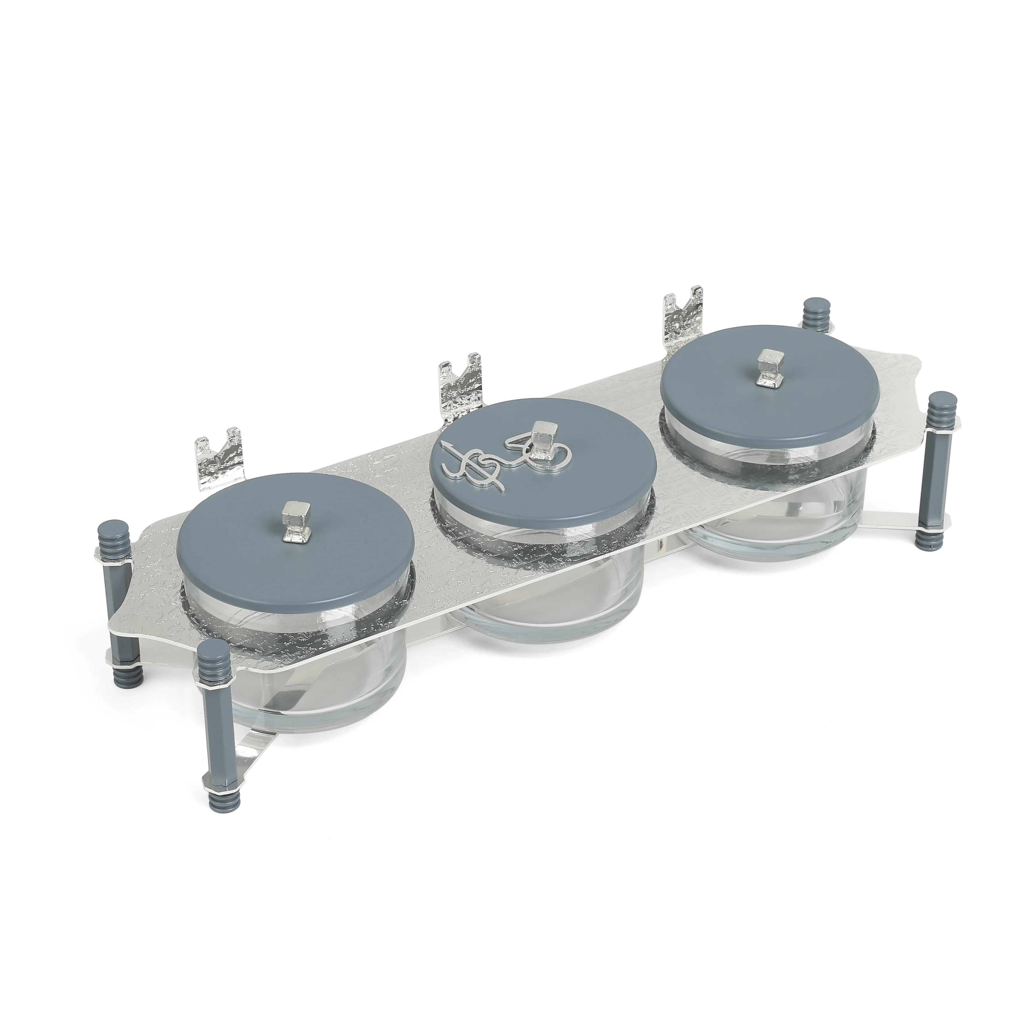 Jiwar - Triple Elegant Nut Serving Set with Engraved  Base - Haze BLue & Siver - Image 3
