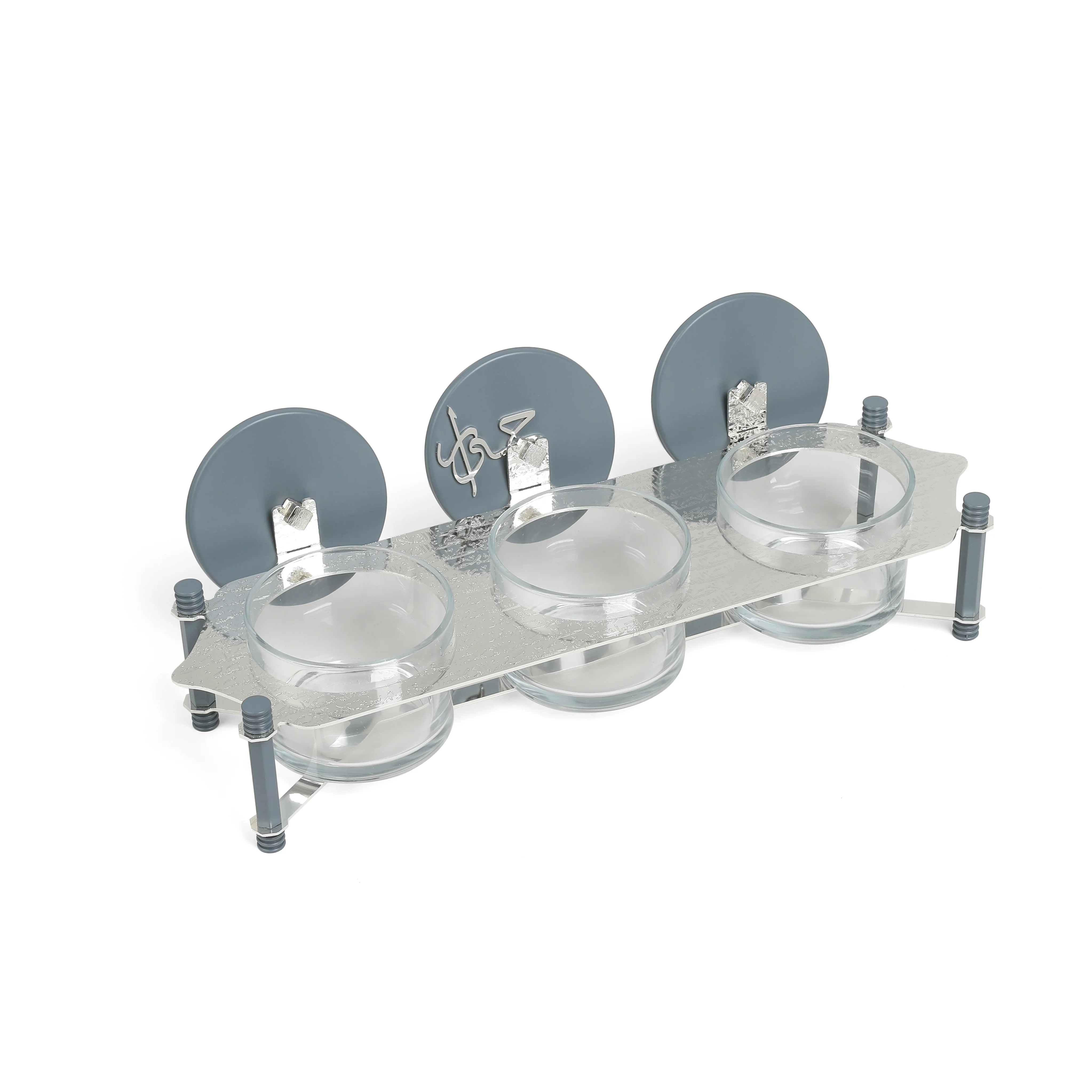 Jiwar - Triple Elegant Nut Serving Set with Engraved  Base - Haze BLue & Siver - Image 4