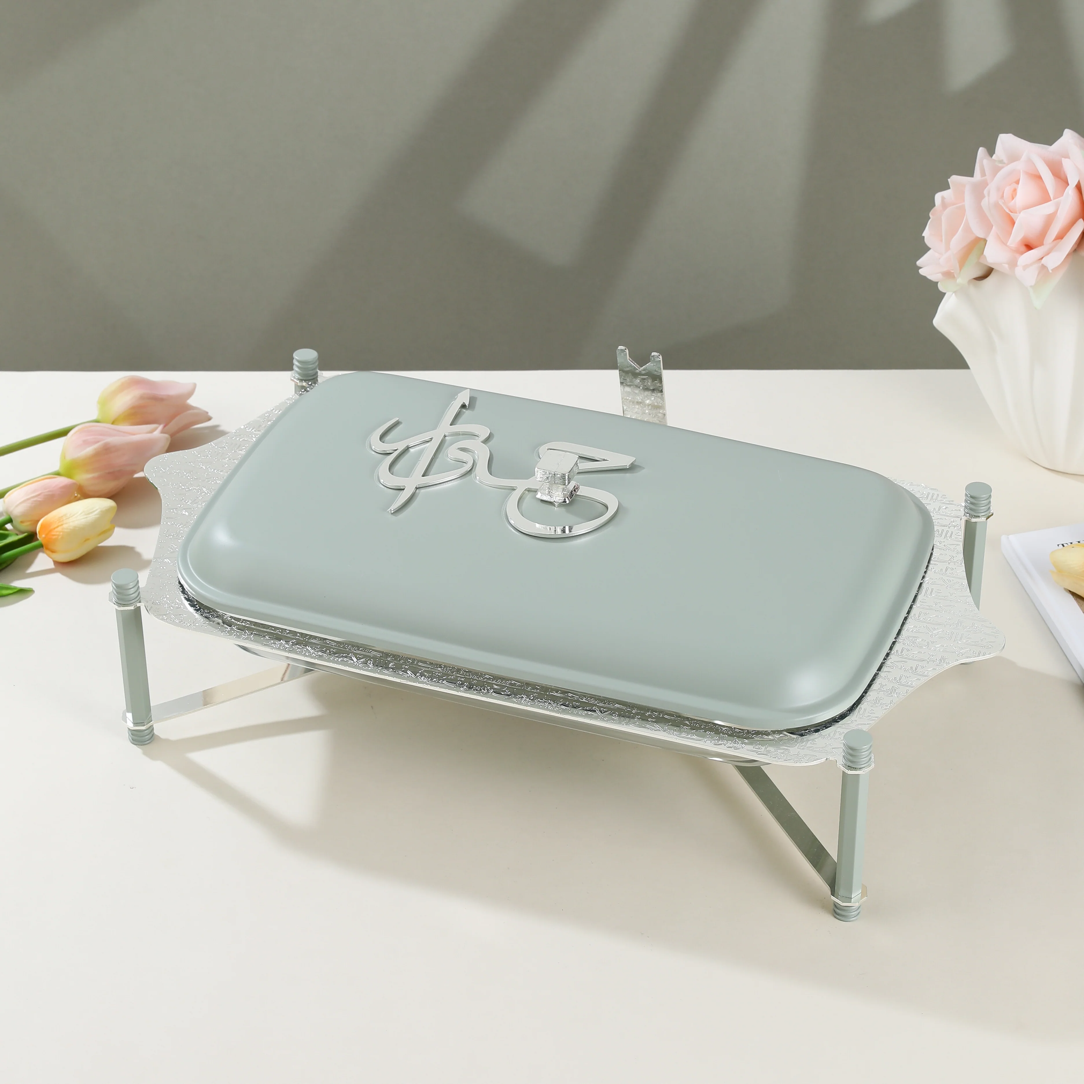 Jiwar - Large Twin Candle Pyrex Chafer -Mint Green  & Silver