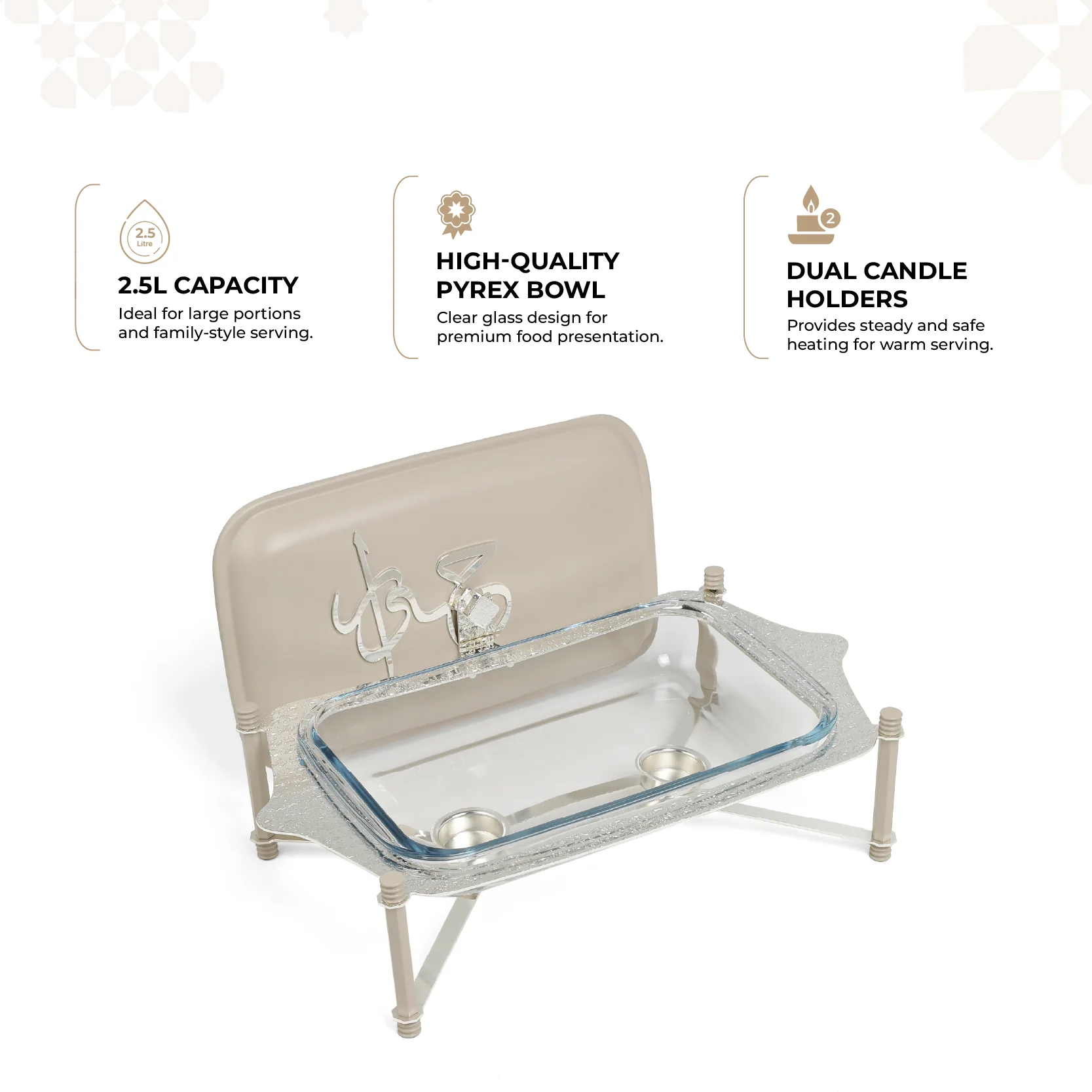 Jiwar - Medium Twin Candle Pyrex Chafer- Beige & Silver - Image 3