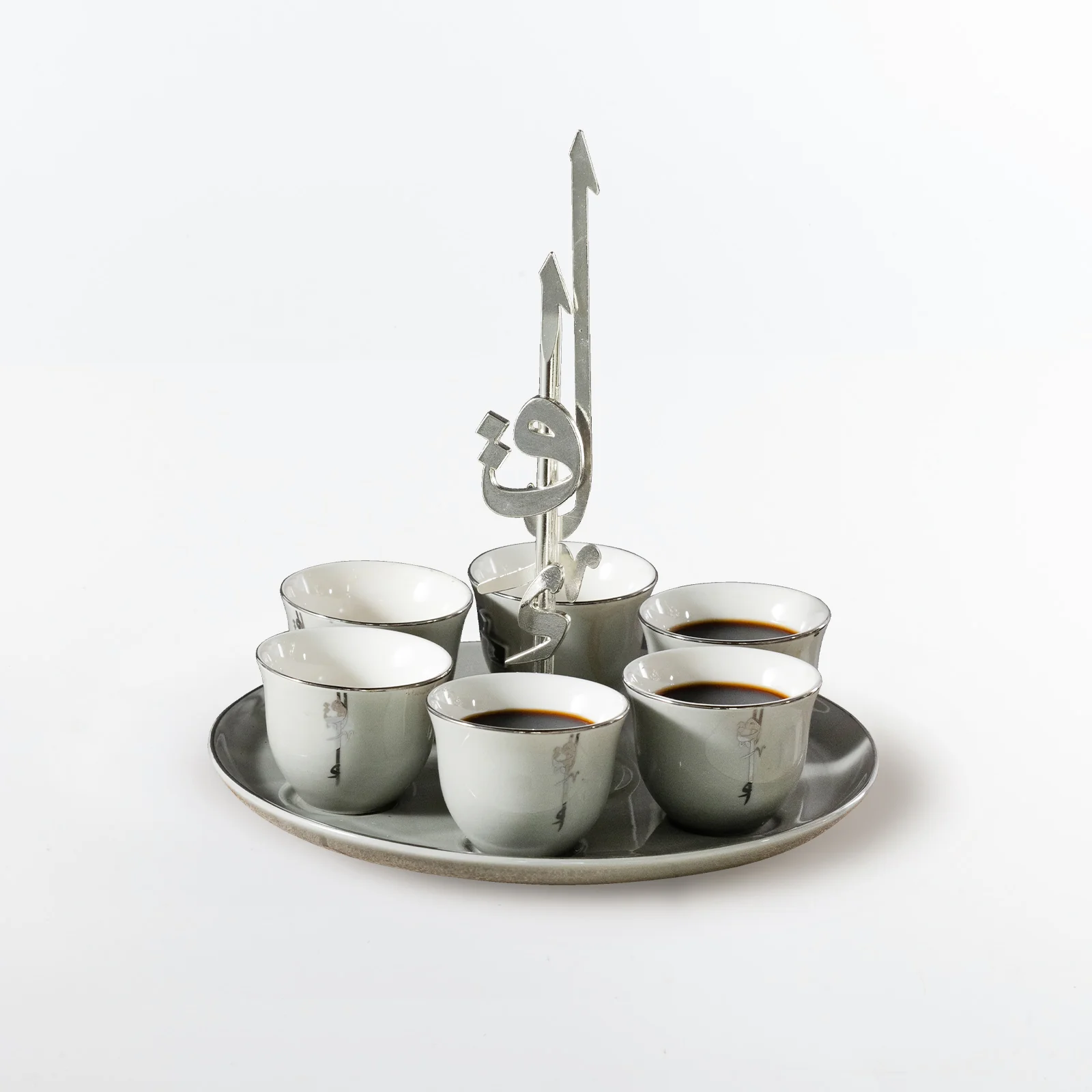Liqa'a -Arabic Coffee Cups With Holder - Grey & Silver - Image 4