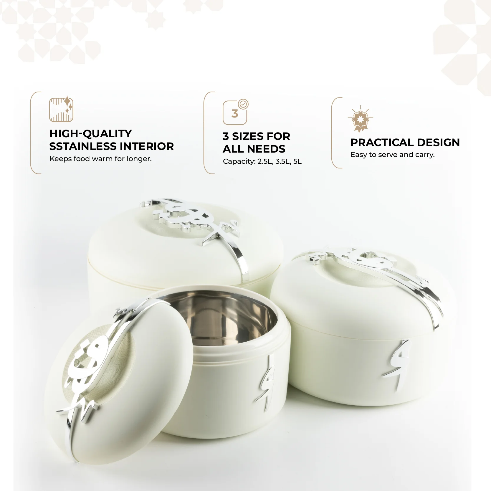 Liqa'a - Food Thermos/ Warm Serv (Set of 3) - Pearl White & Silver - Image 2
