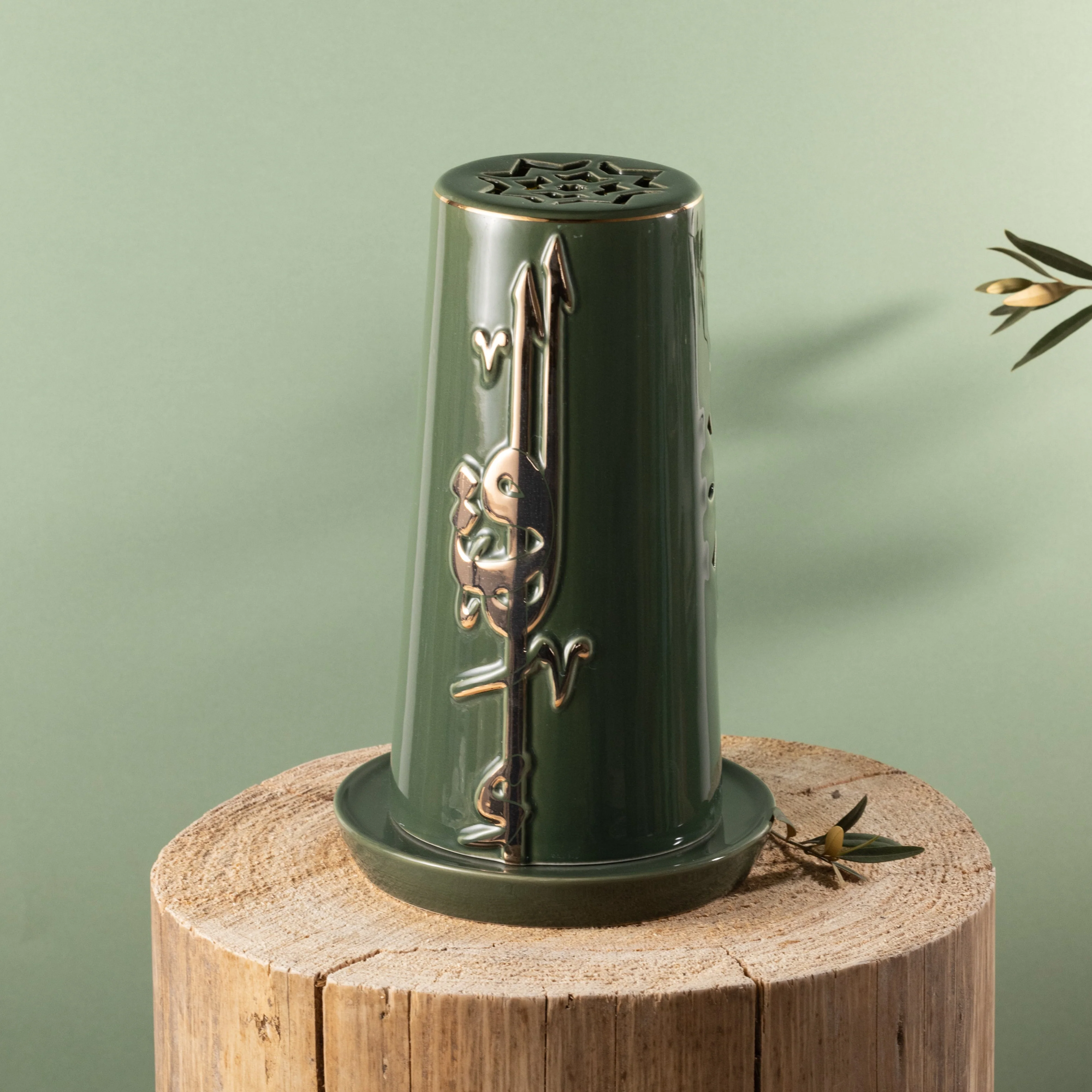 Liqa'a - Large Lantern Candle Holder  - Olive Green  & Gold