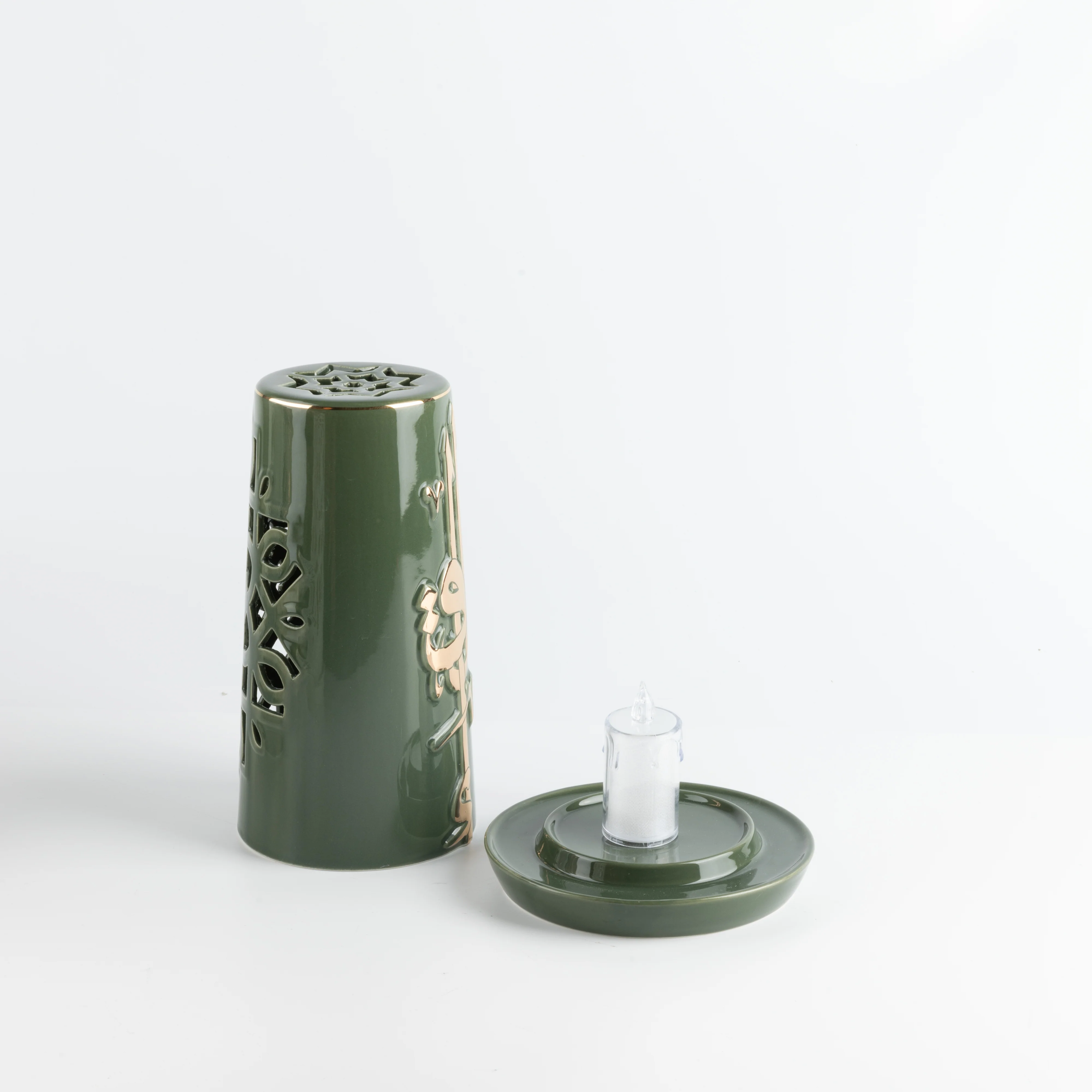 Liqa'a - Large Lantern Candle Holder  - Olive Green  & Gold - Image 4
