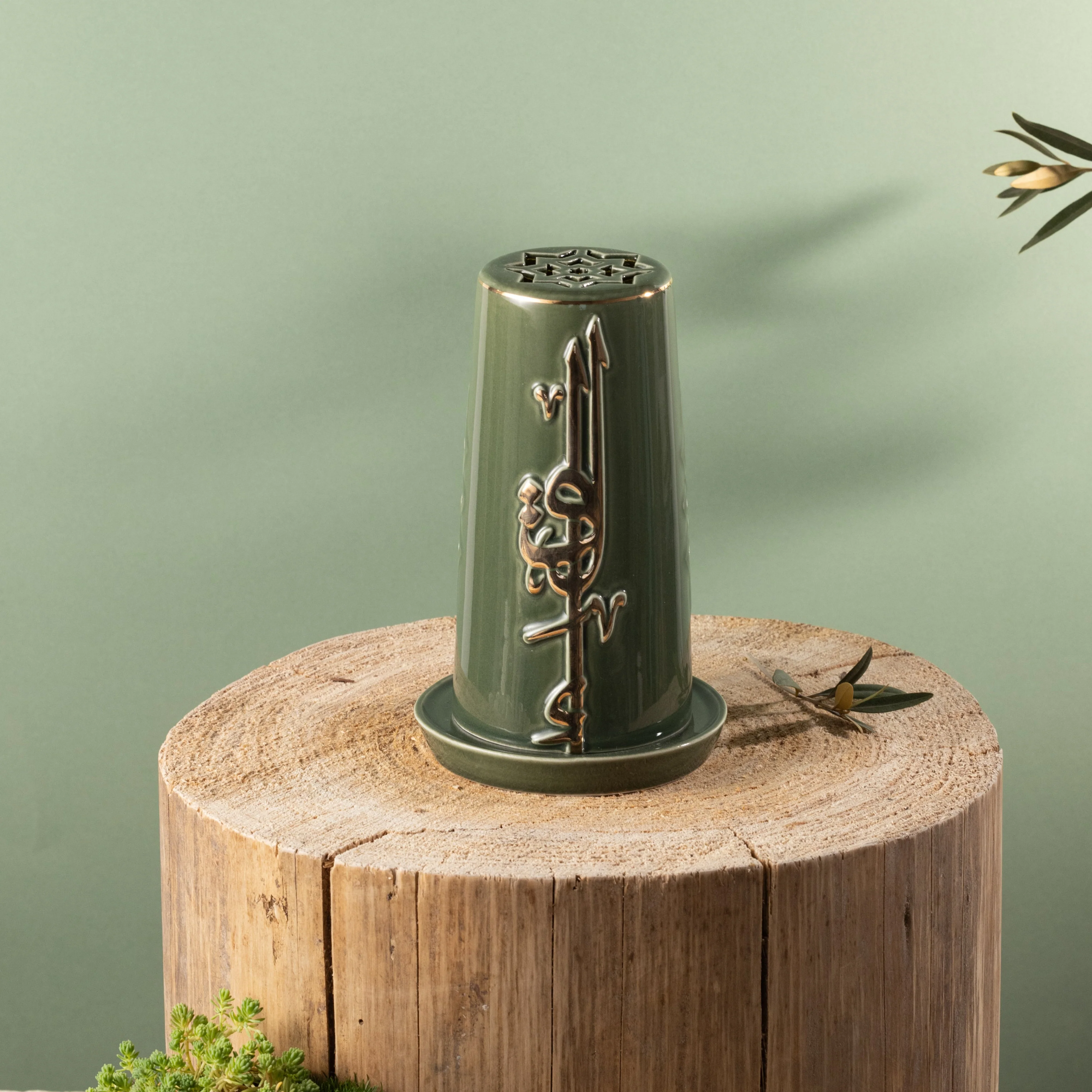 Liqa'a -  Small Lantern Candle Holder - Olive Green  & Gold