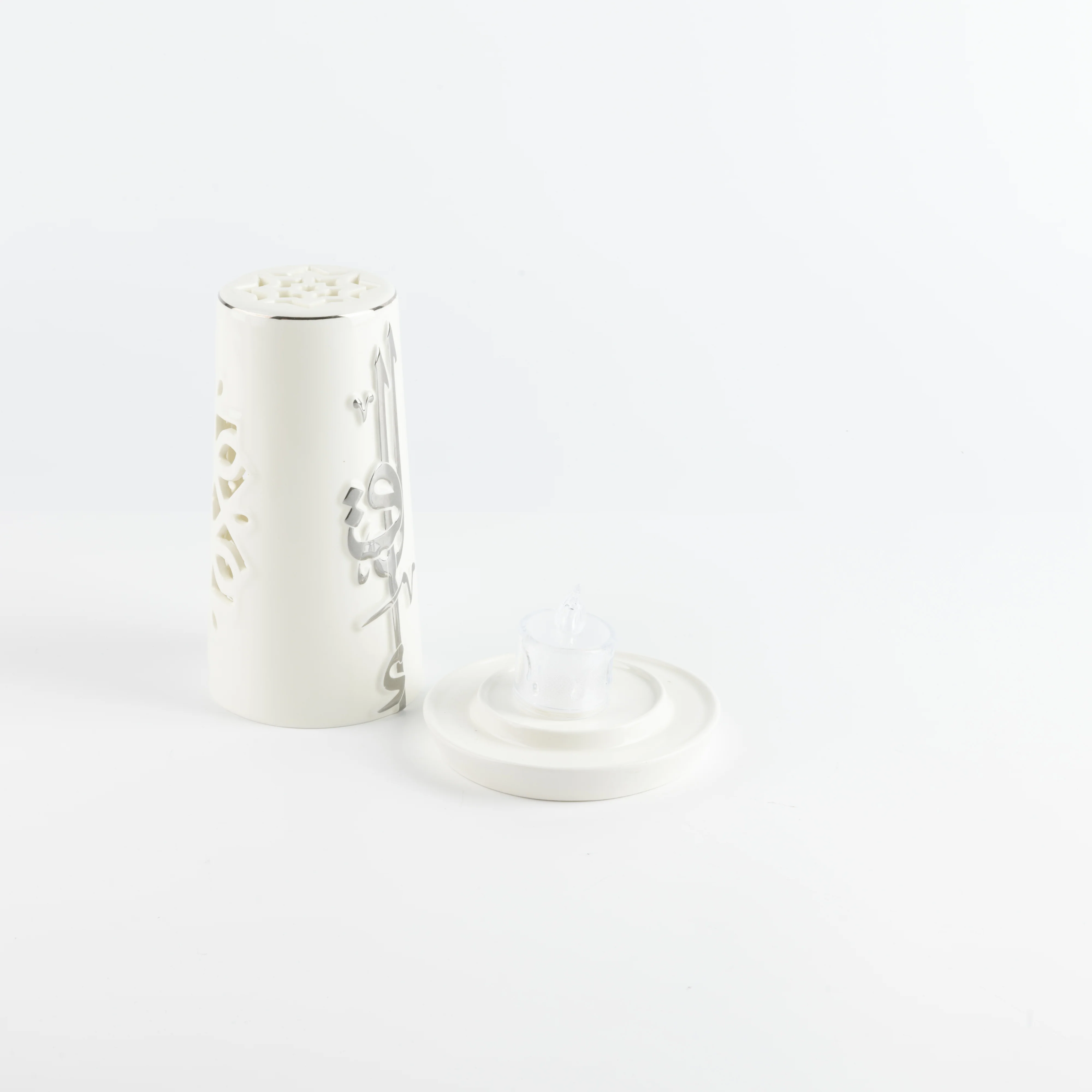 Liqa'a -  Small Lantern Candle Holder - Pearl White & Silver - Image 4