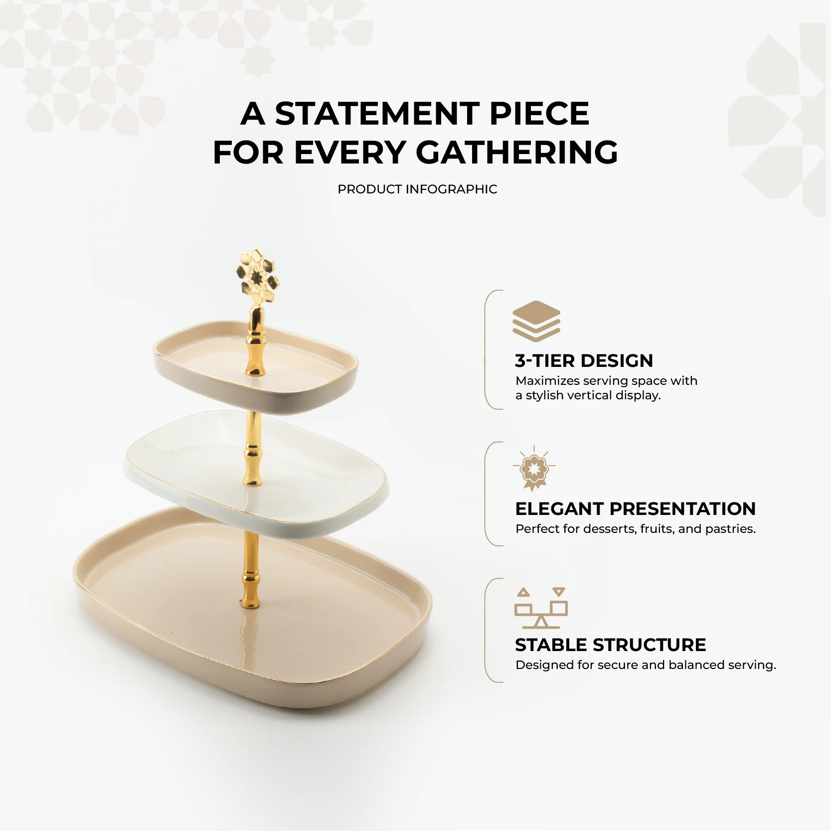 Mirral - 3 Tier Plate - Beige & Gold - Image 3