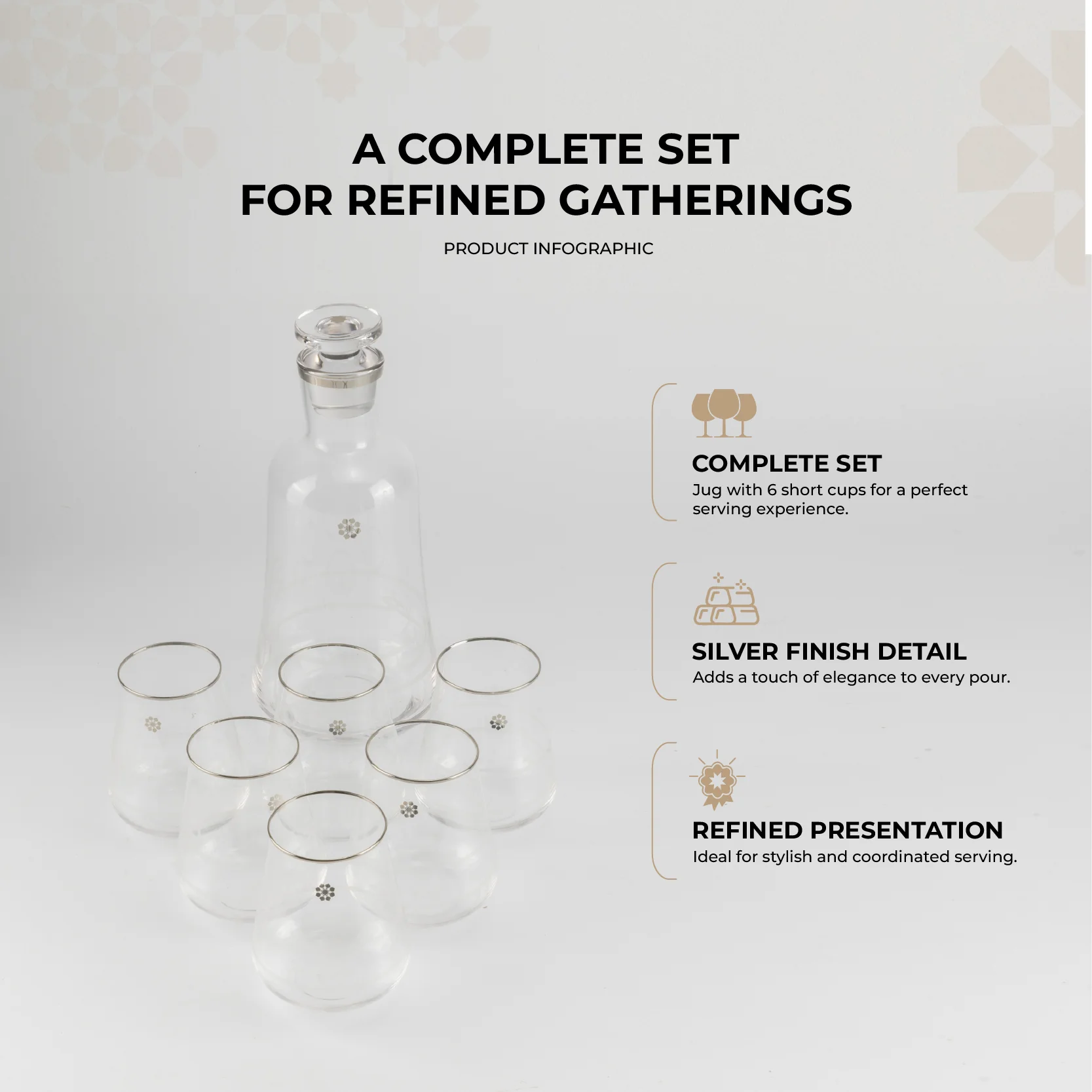 Mirral- Jug with 6 Short glass cups - Silver - Image 2
