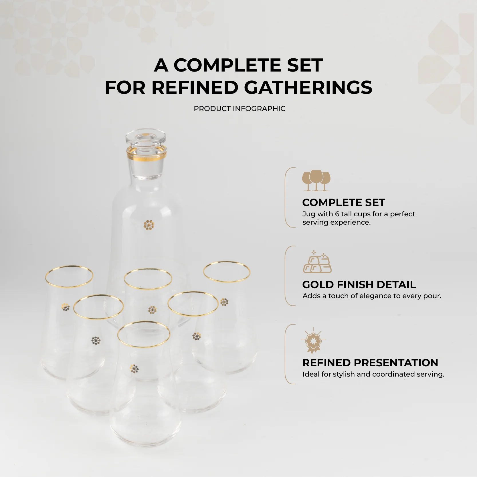 Mirral- Jug with 6 Tall glass cups - Gold - Image 2