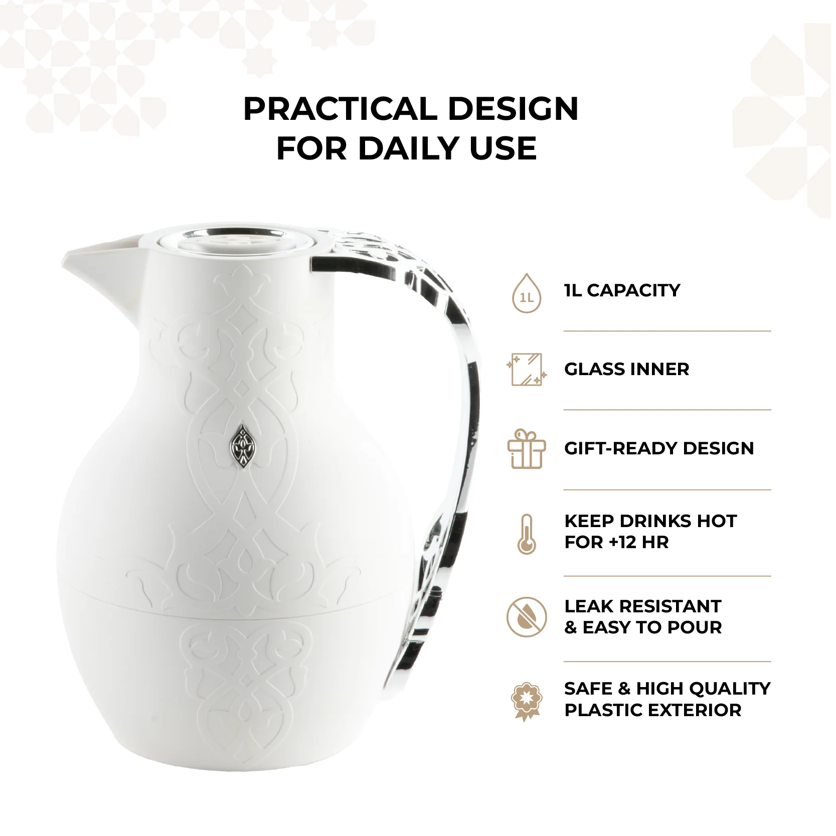 Naqsh - Vacuum Flask / Thermos - White & Silver - Image 3