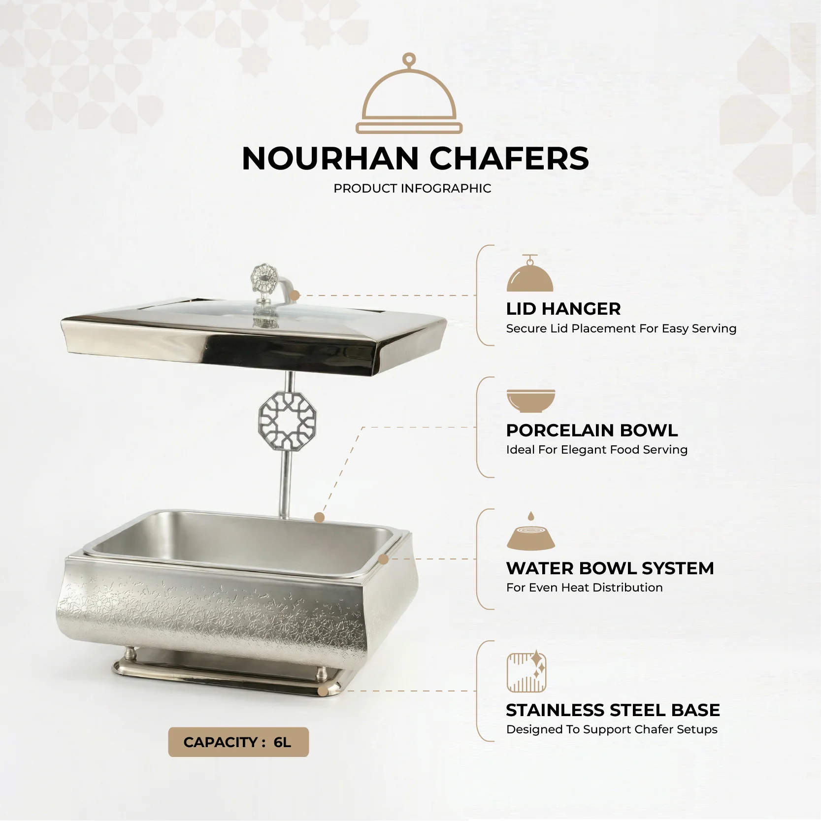 Nourhan -  6L Premium Rectangular Chafer - Silver - Image 3