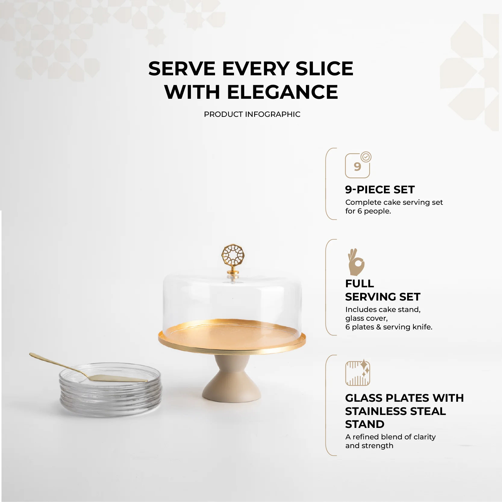 Nourhan - Cake Set (9-Pc) - Matt Gold & Beige - Image 4