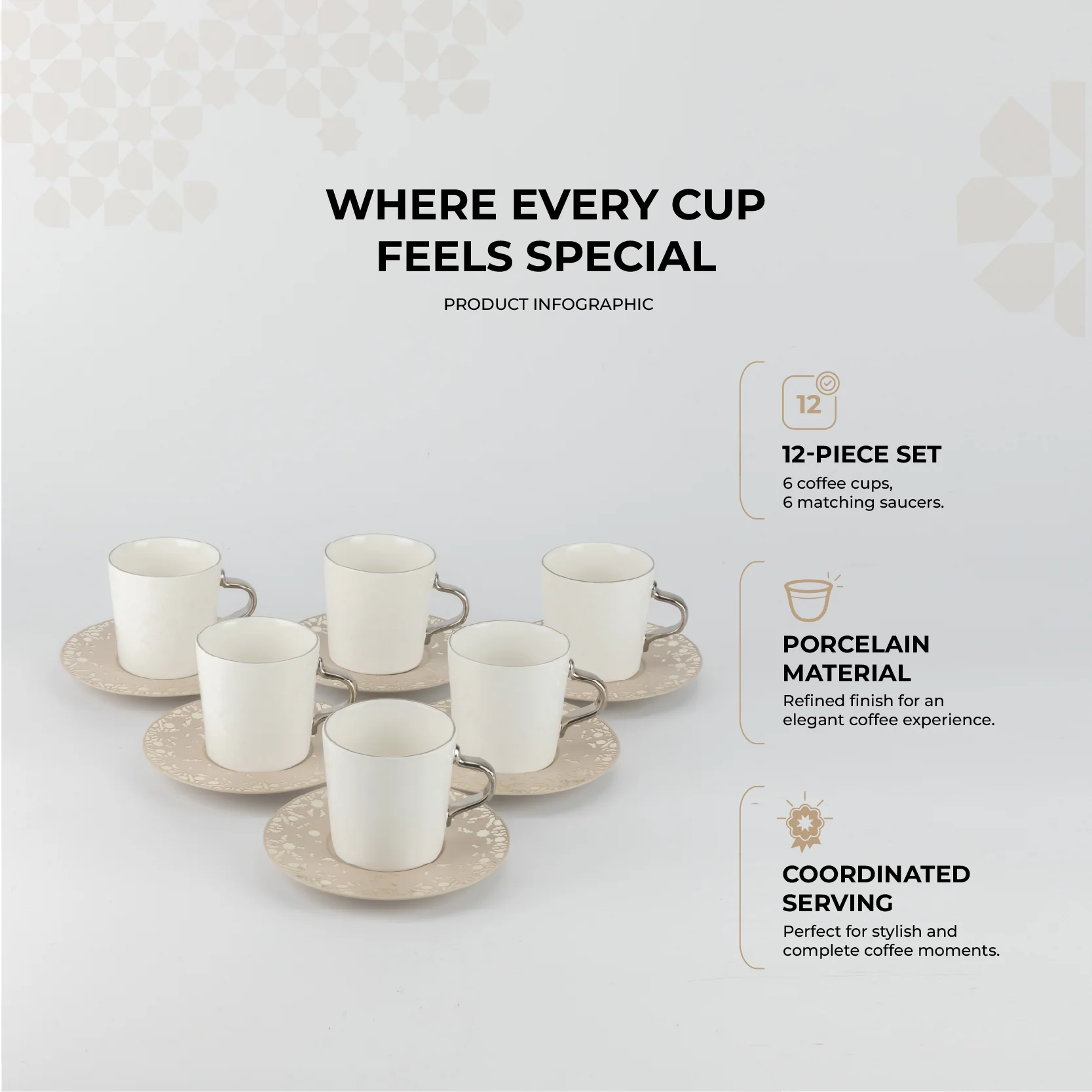Nourhan - Cappuccino Set (12-Pc)  - Beige & Silver - Image 2