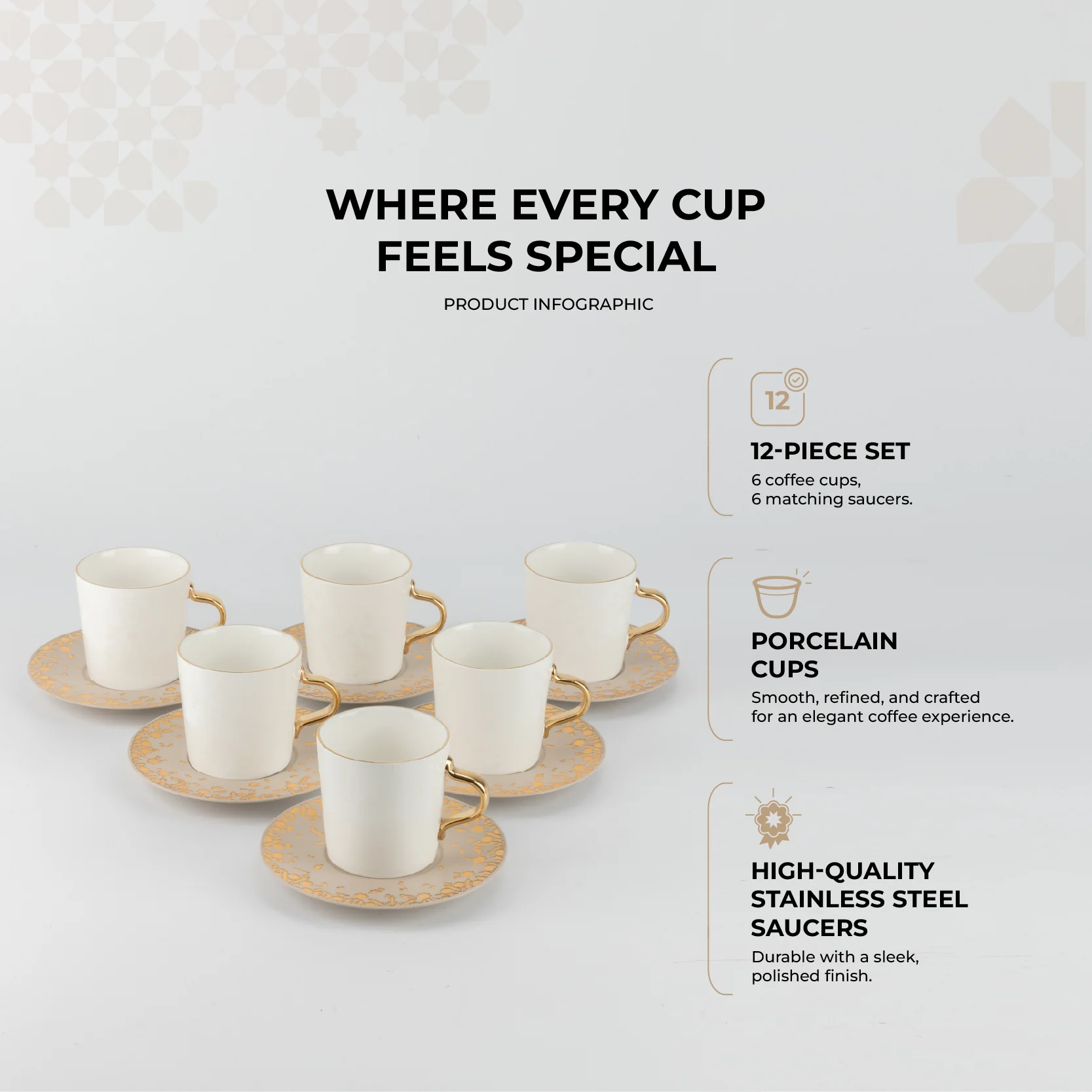 Nourhan - Cappuccino Set (12-Pc) - Gold & Beige - Image 2
