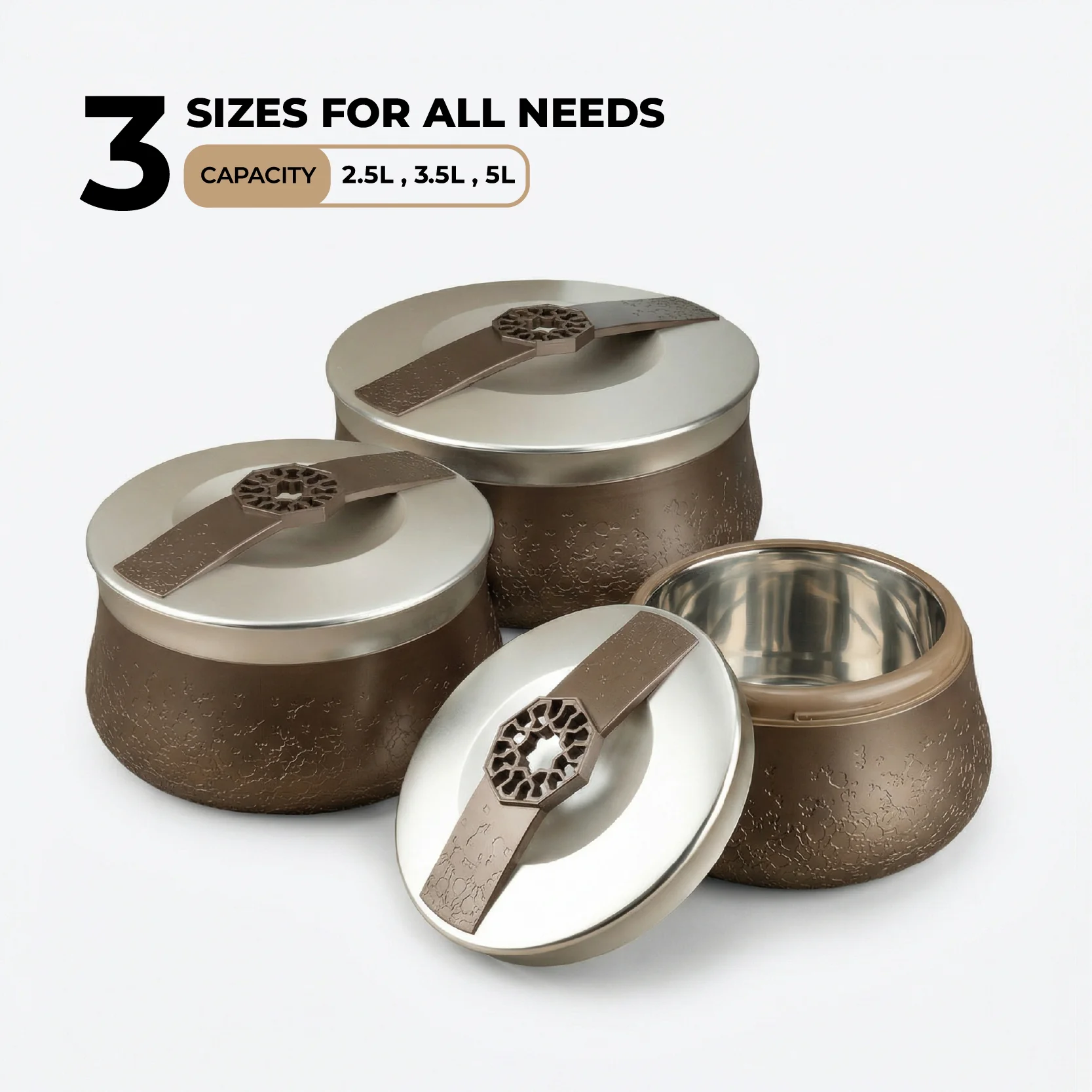 Nourhan - Food Thermos/ Warm Serv (Set of 3) - Bronze & Silver - Image 2