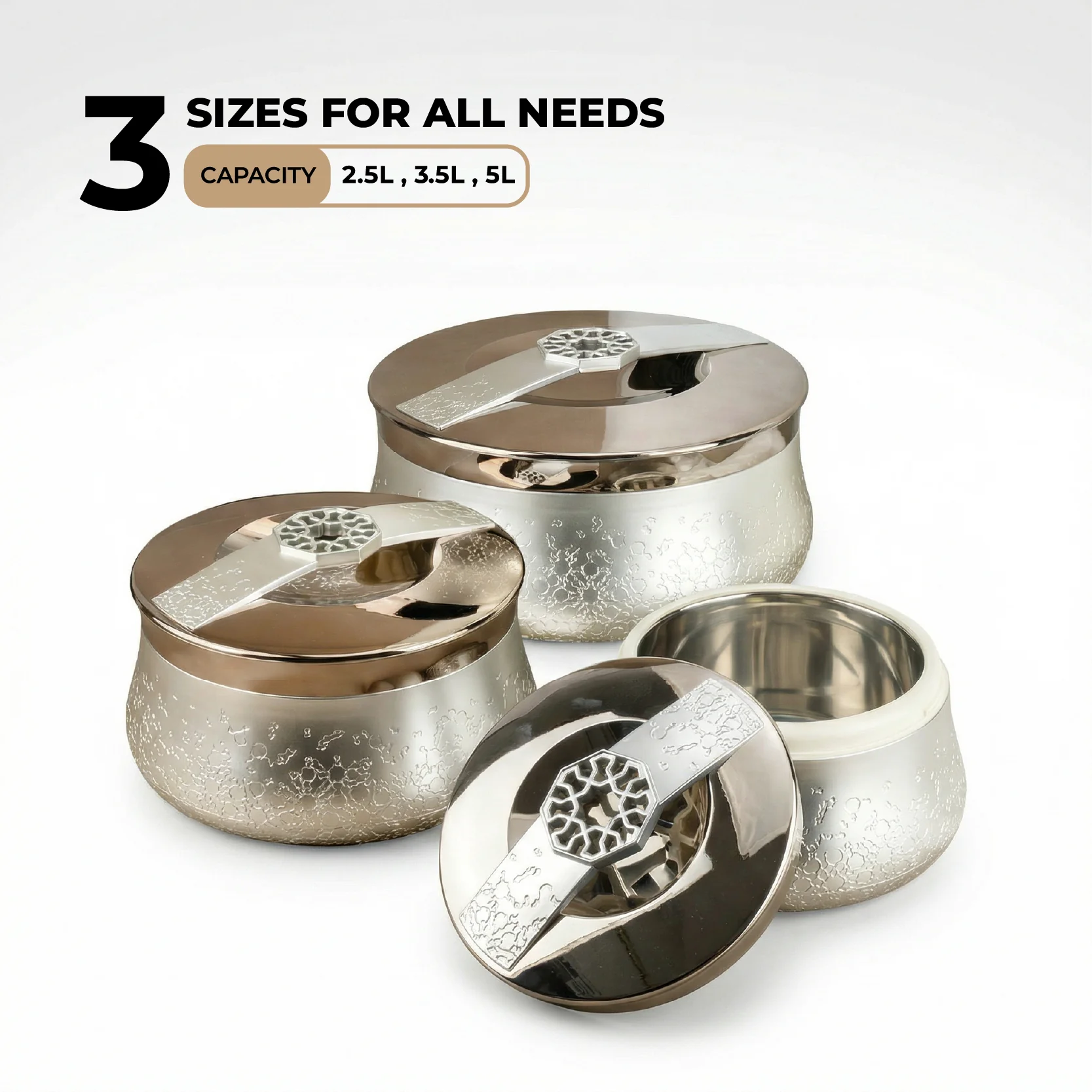 Nourhan - Food Thermos/ Warm Serv (Set of 3) - Silver - Image 2