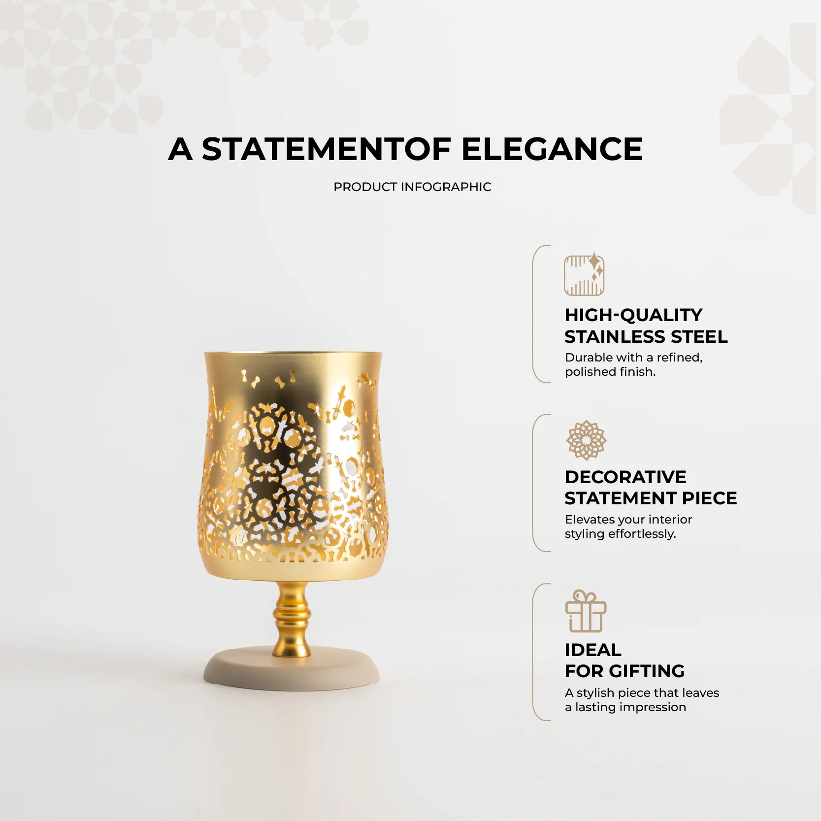 Nourhan - Medium Candle  Holder - Gold & Beige - Image 3