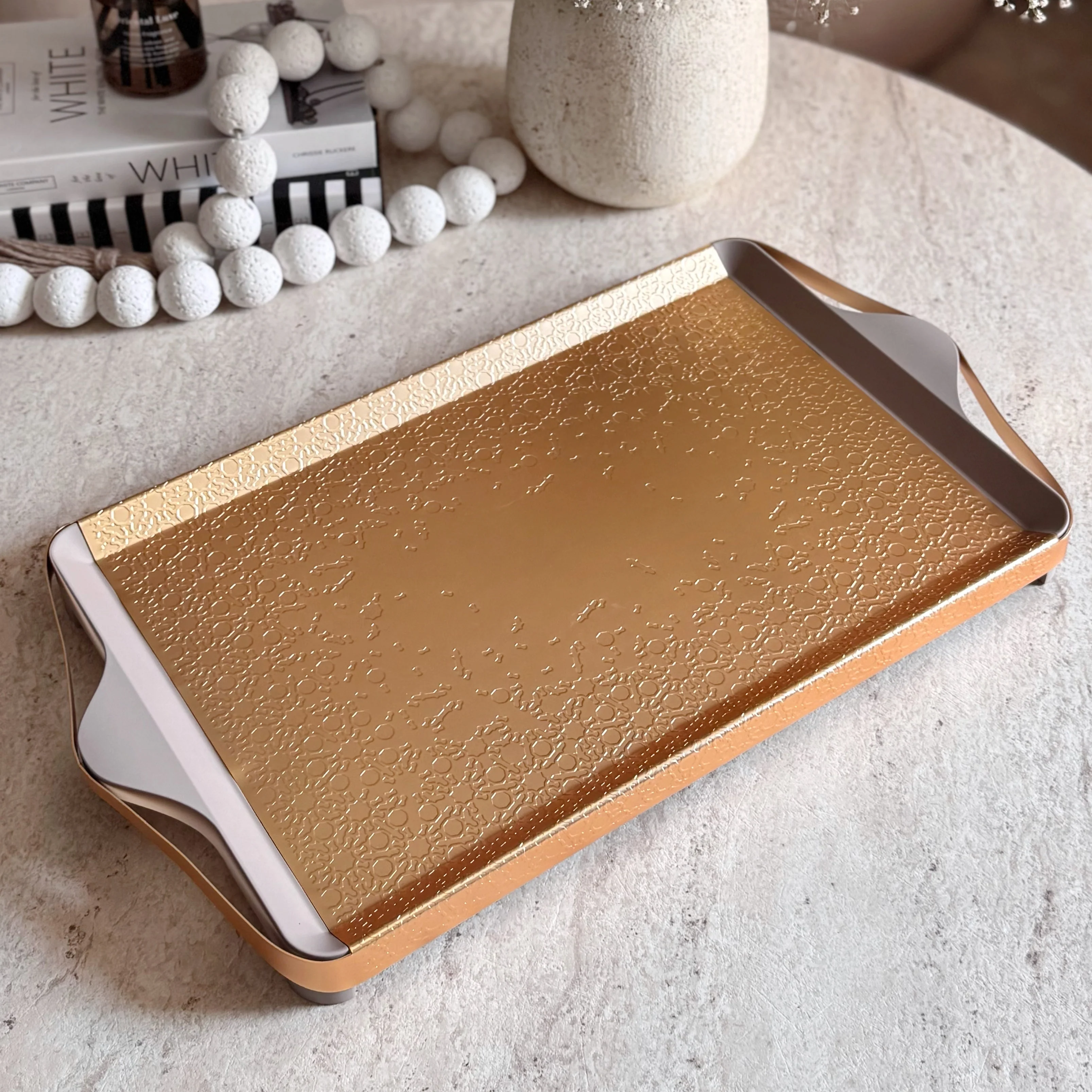 Nourhan- Serving Tray - Gold & Beige - Image 2