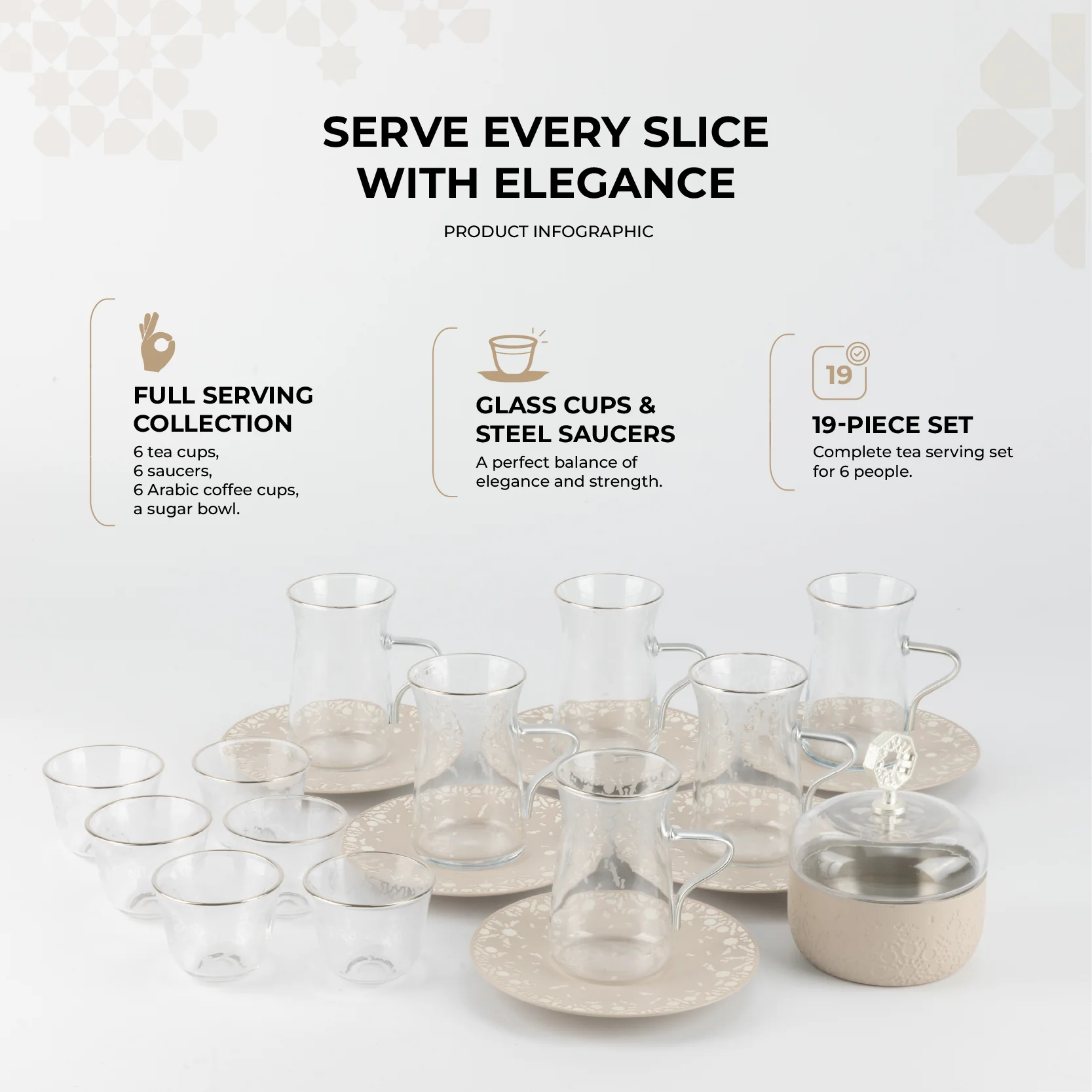 Nourhan -  Tea Set (19-Pc) - Beige & Silver - Image 2