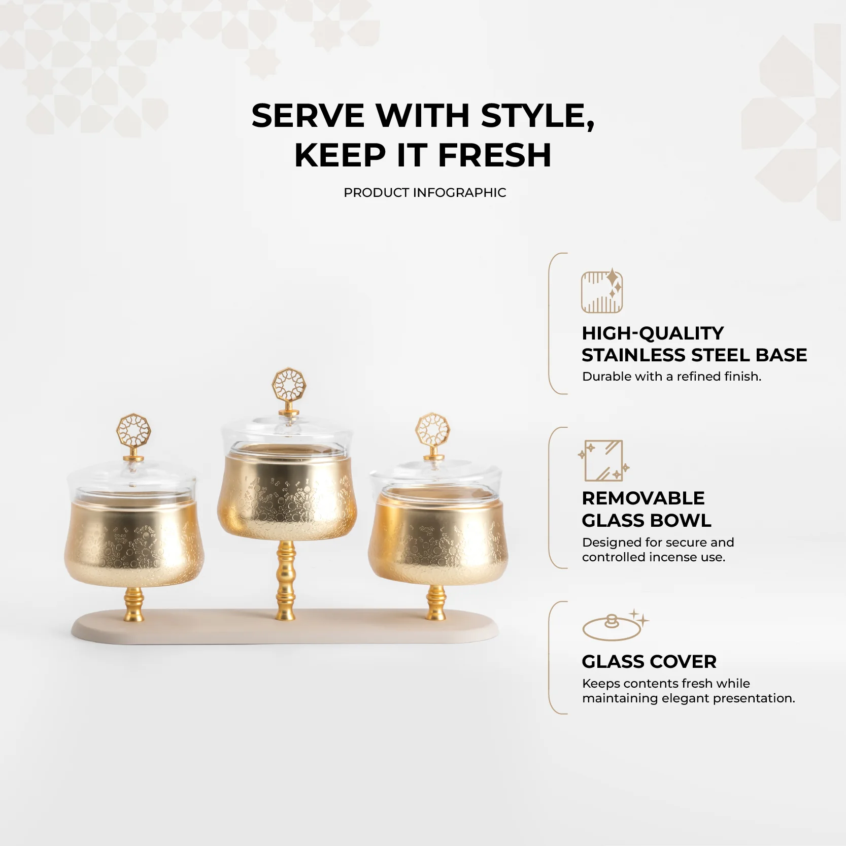 Nourhan - Triple Bowl Serving Set - Gold & Beige - Image 3