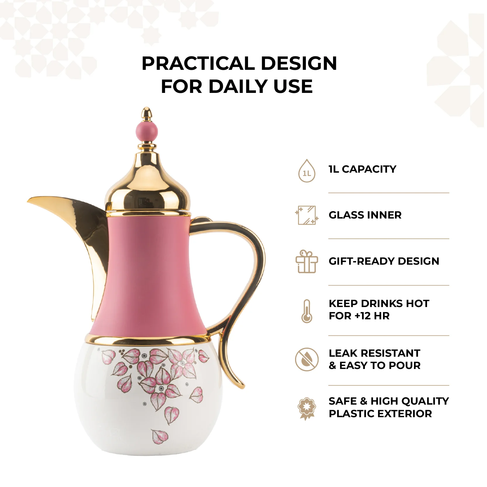 Stylish Lilac - Thermos/Vacuum Flask - Pink & Gold - Image 4